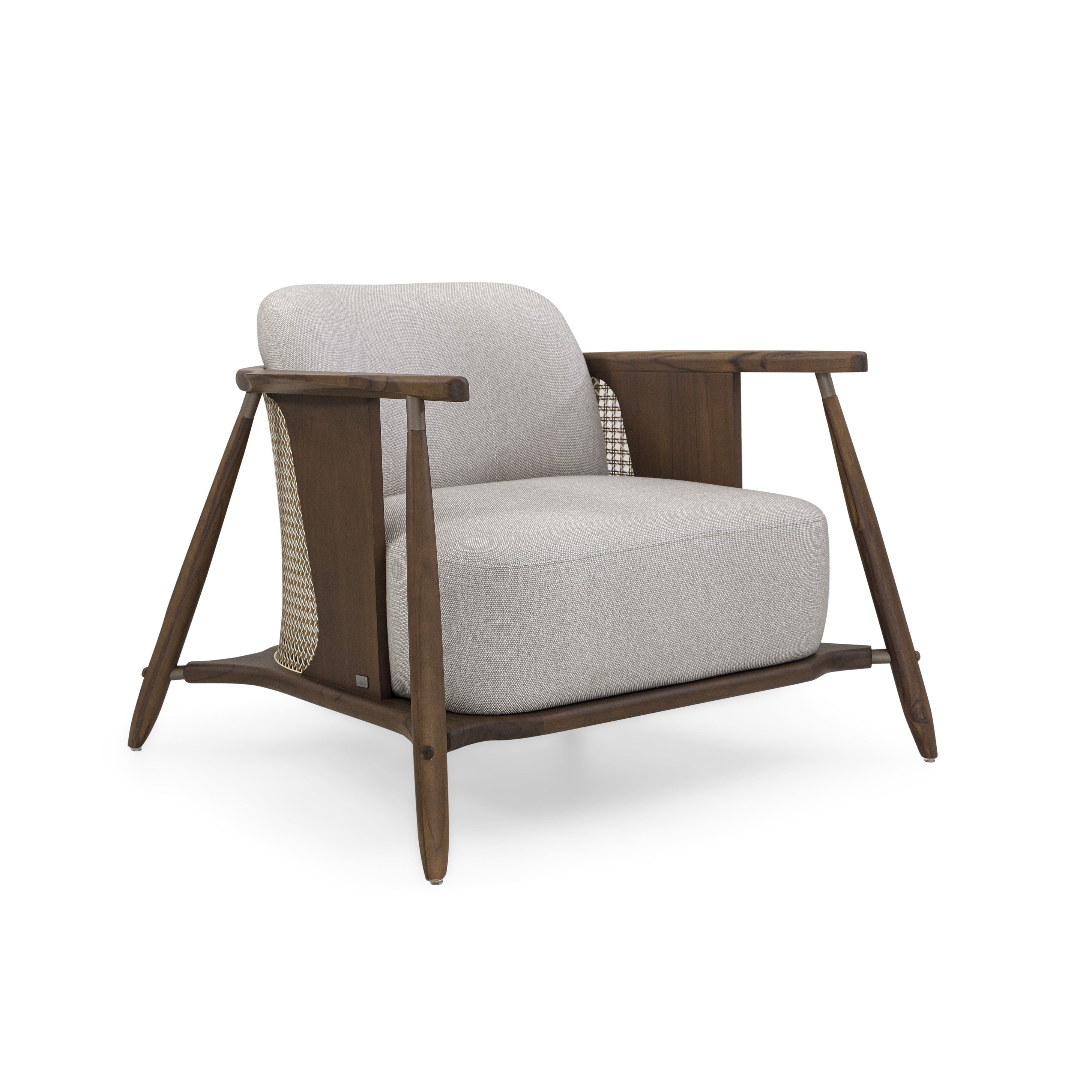 LAGUNA Accent Chair in Walnut, Light Grey Fabric and Mixed Light Cane
