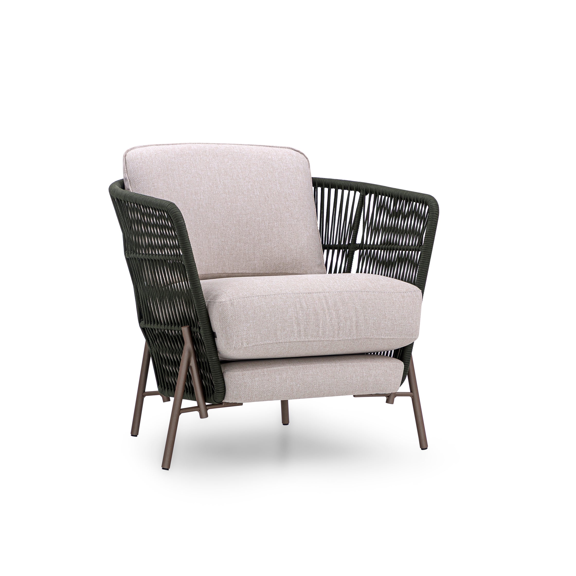 AMURA Outdoor Chair in Beige Fabric, Chocolate Metal and Green rope