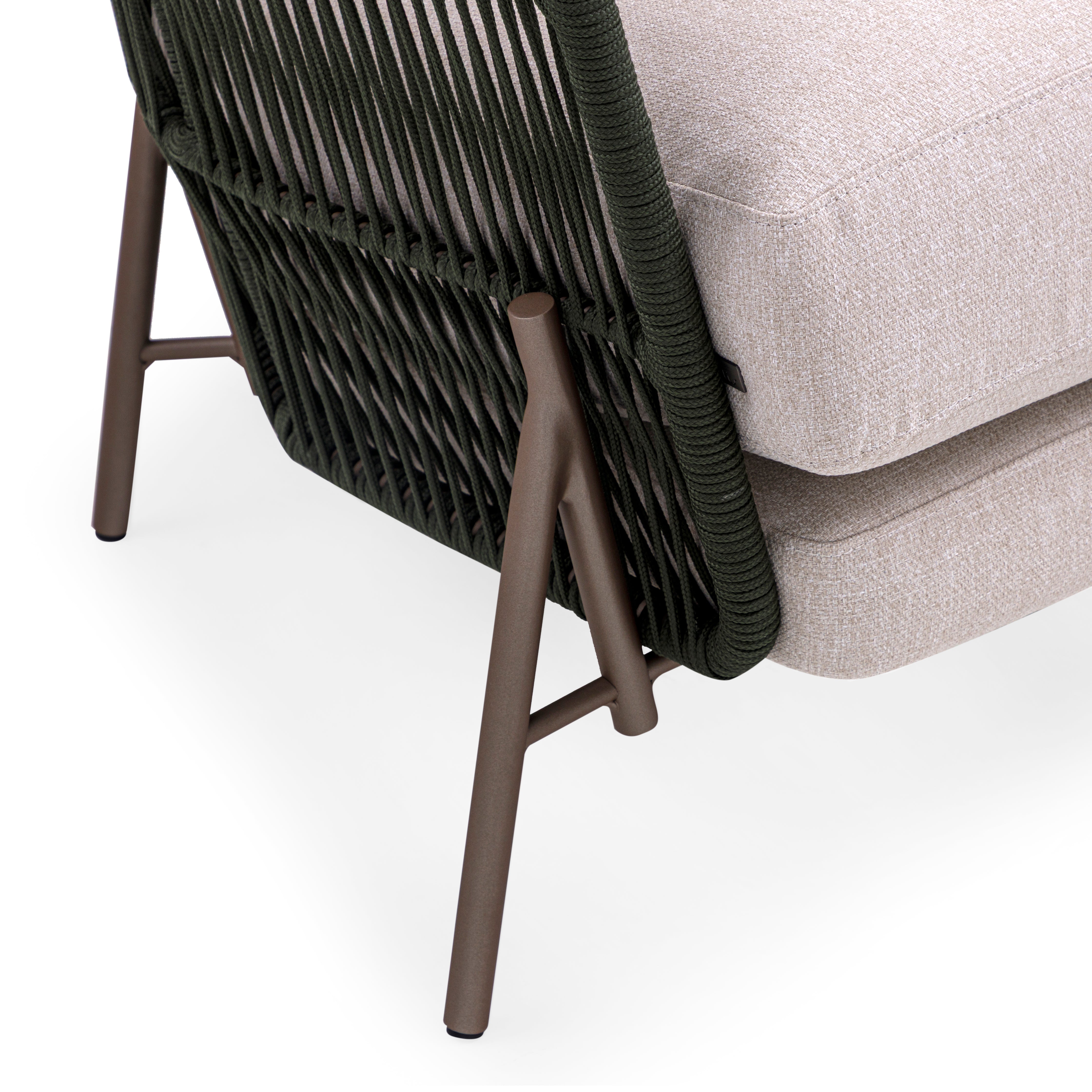 AMURA Outdoor Chair in Beige Fabric, Chocolate Metal and Green rope