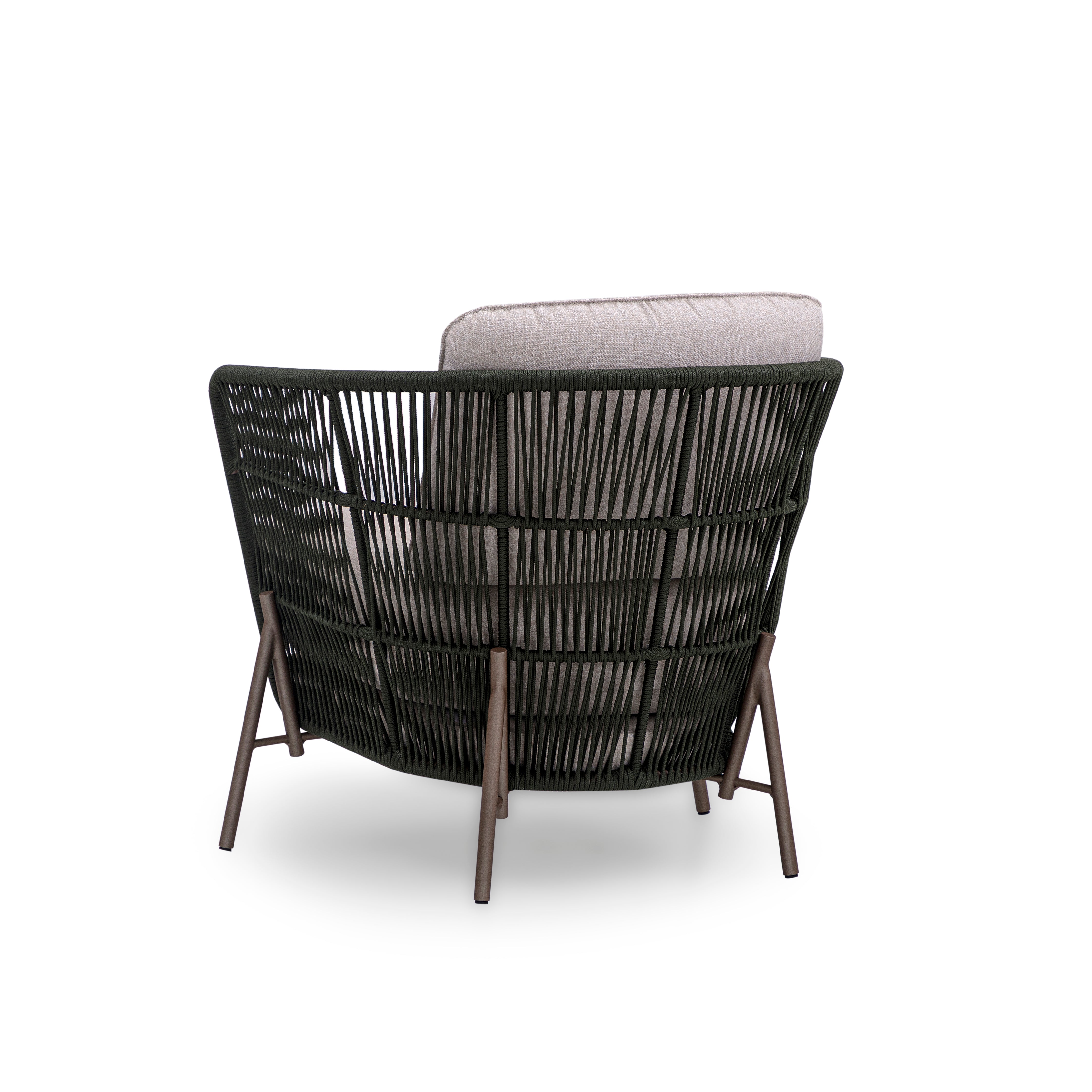 AMURA Outdoor Chair in Beige Fabric, Chocolate Metal and Green rope