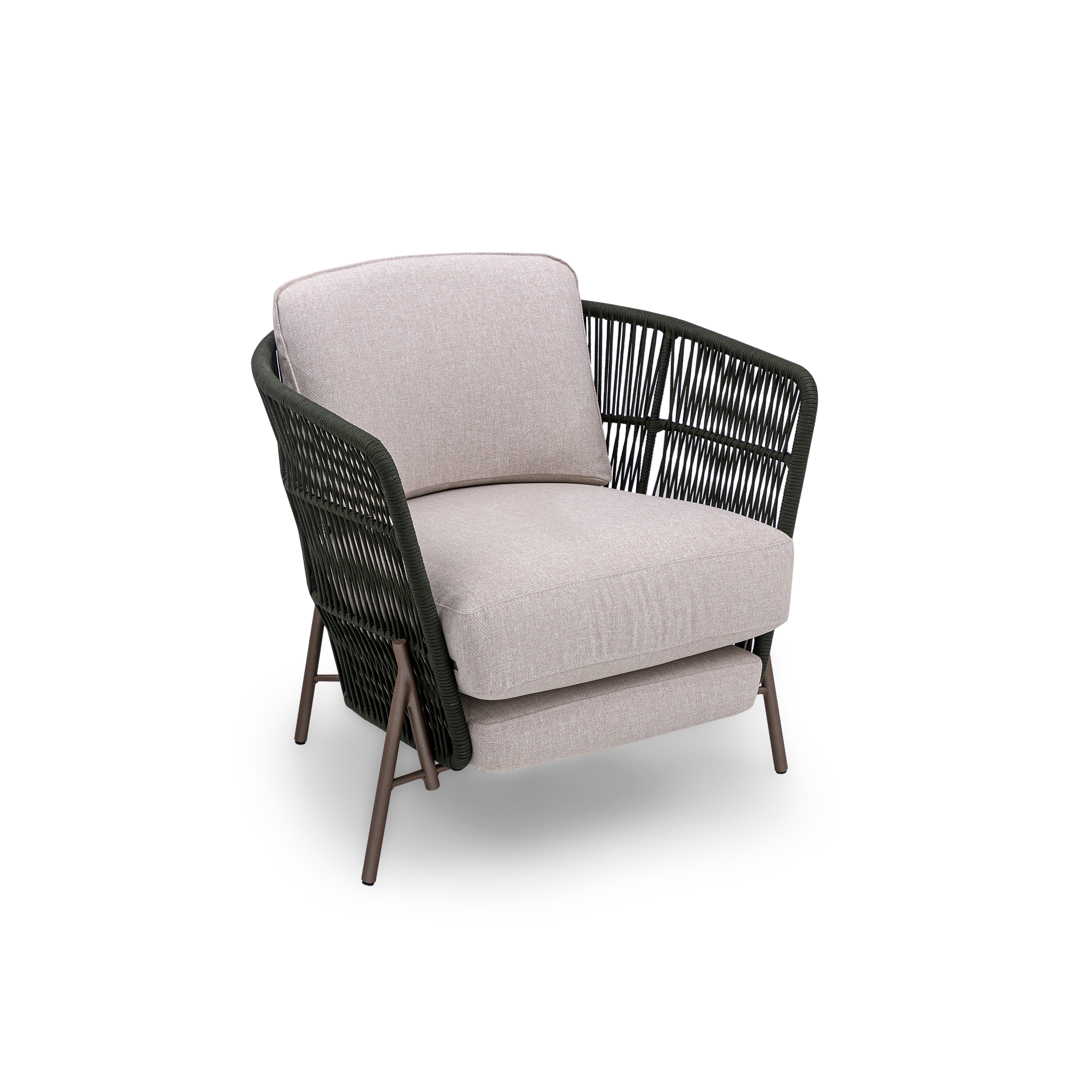 AMURA Outdoor Chair in Beige Fabric, Chocolate Metal and Green rope