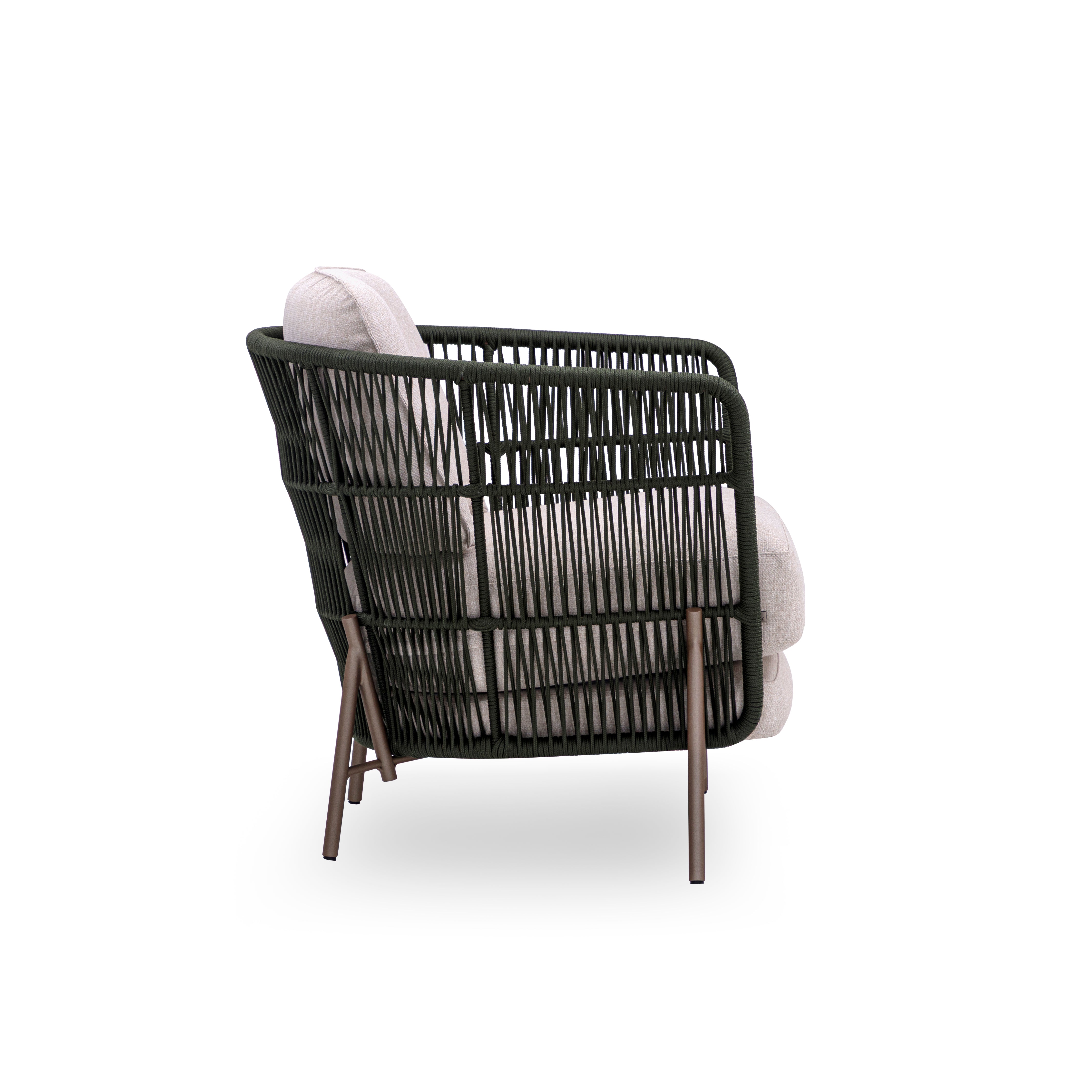 AMURA Outdoor Chair in Beige Fabric, Chocolate Metal and Green rope