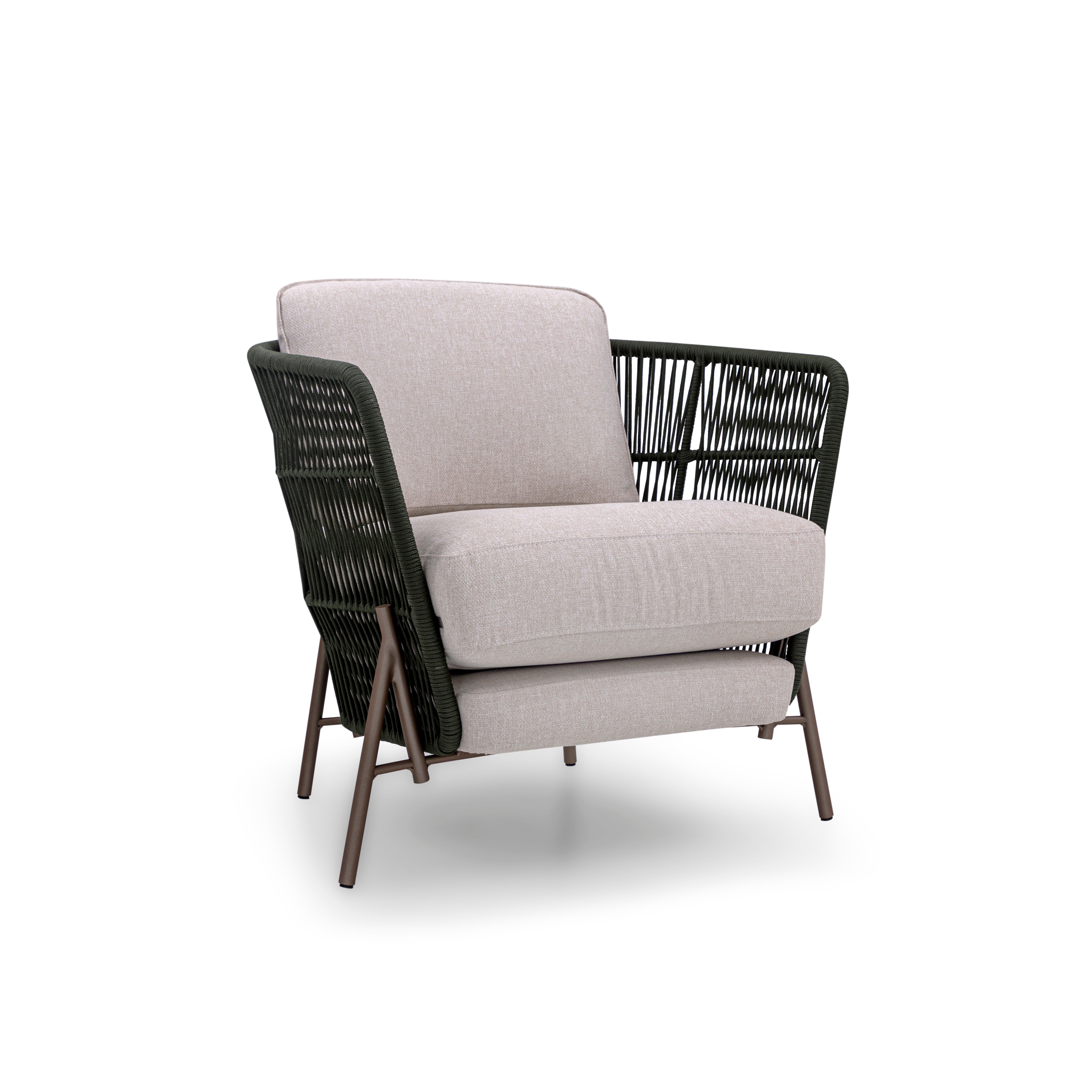 AMURA Outdoor Chair in Beige Fabric, Chocolate Metal and Green rope