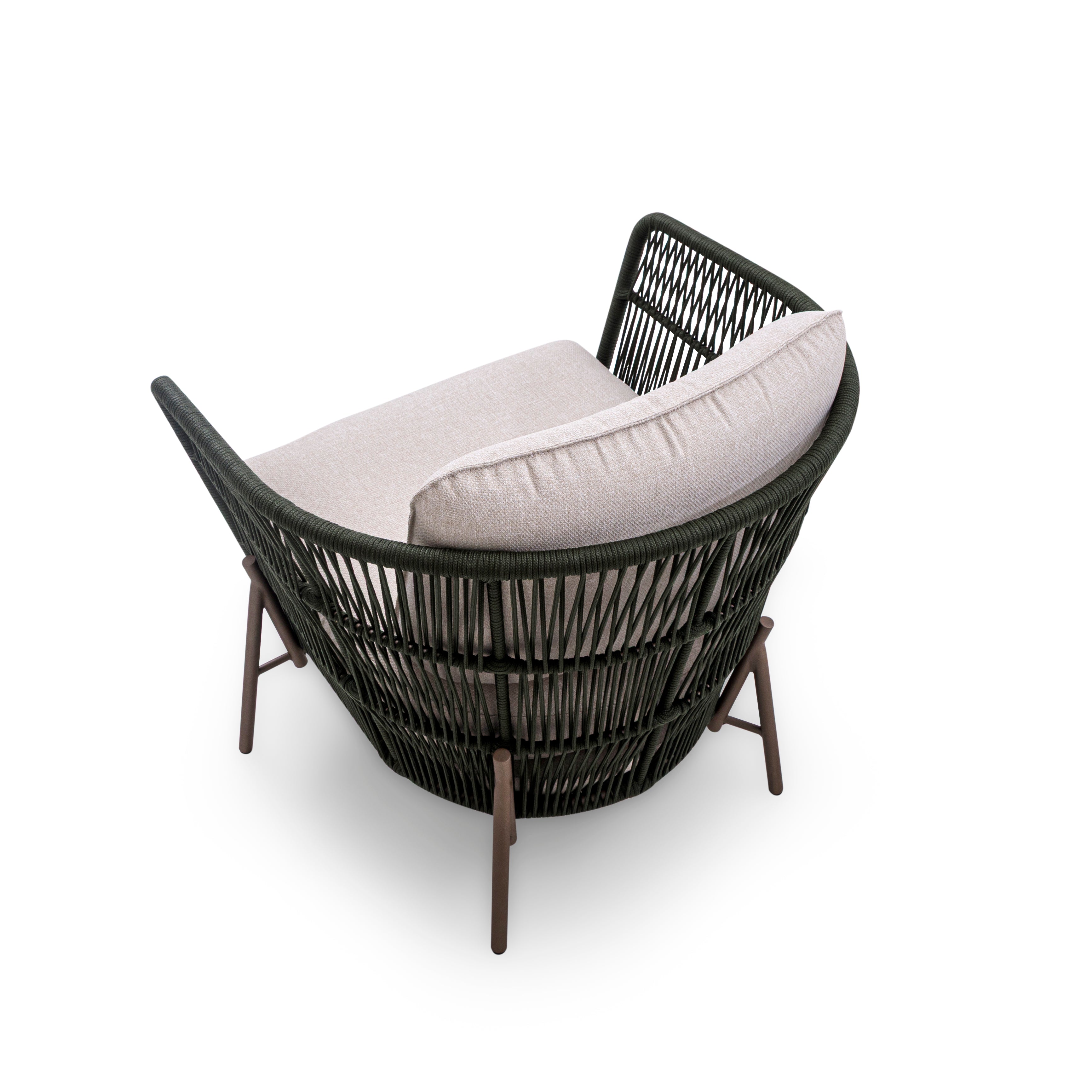 AMURA Outdoor Chair in Beige Fabric, Chocolate Metal and Green rope