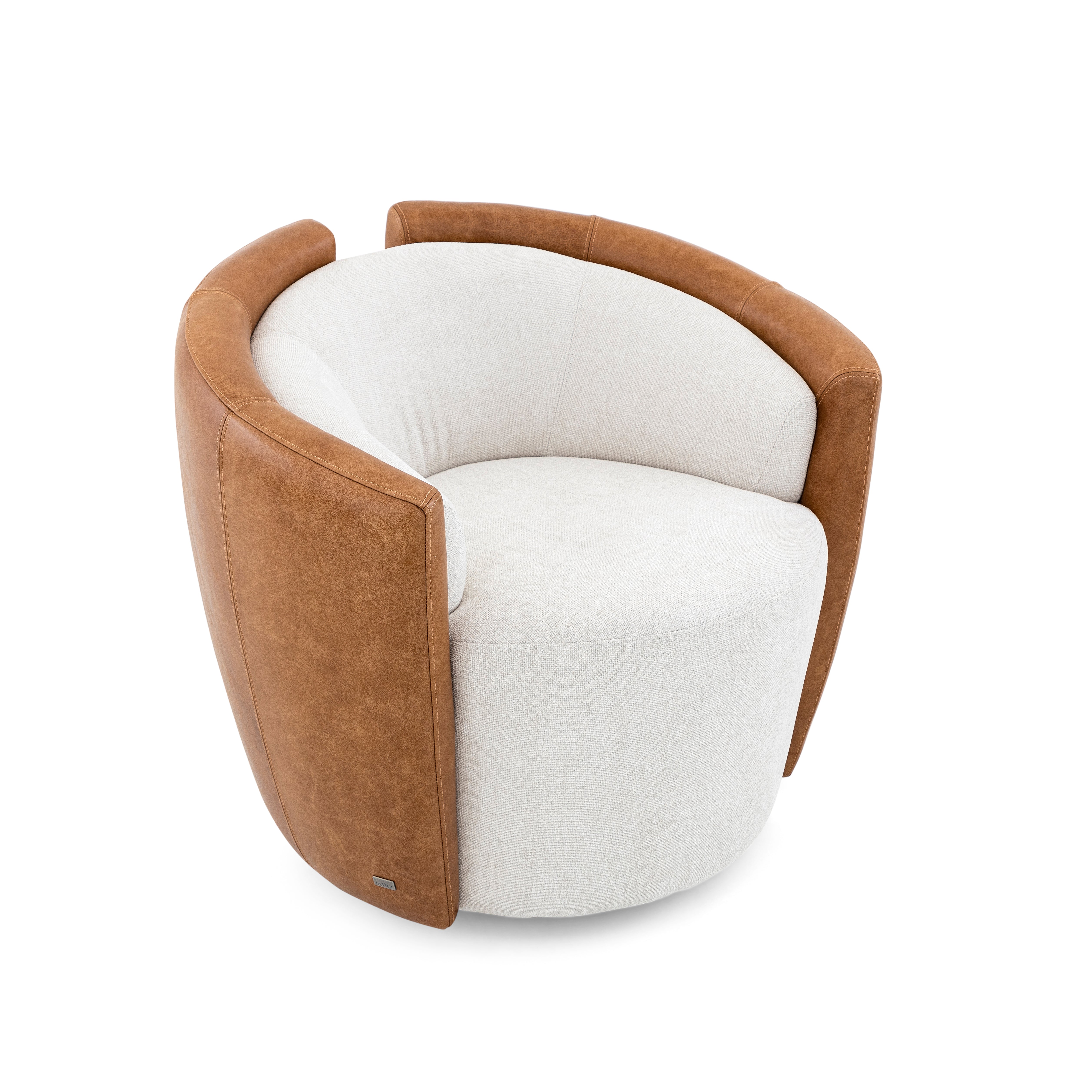 LIRIO Swivel Armchair in Caramel Leather and Ivory Fabric
