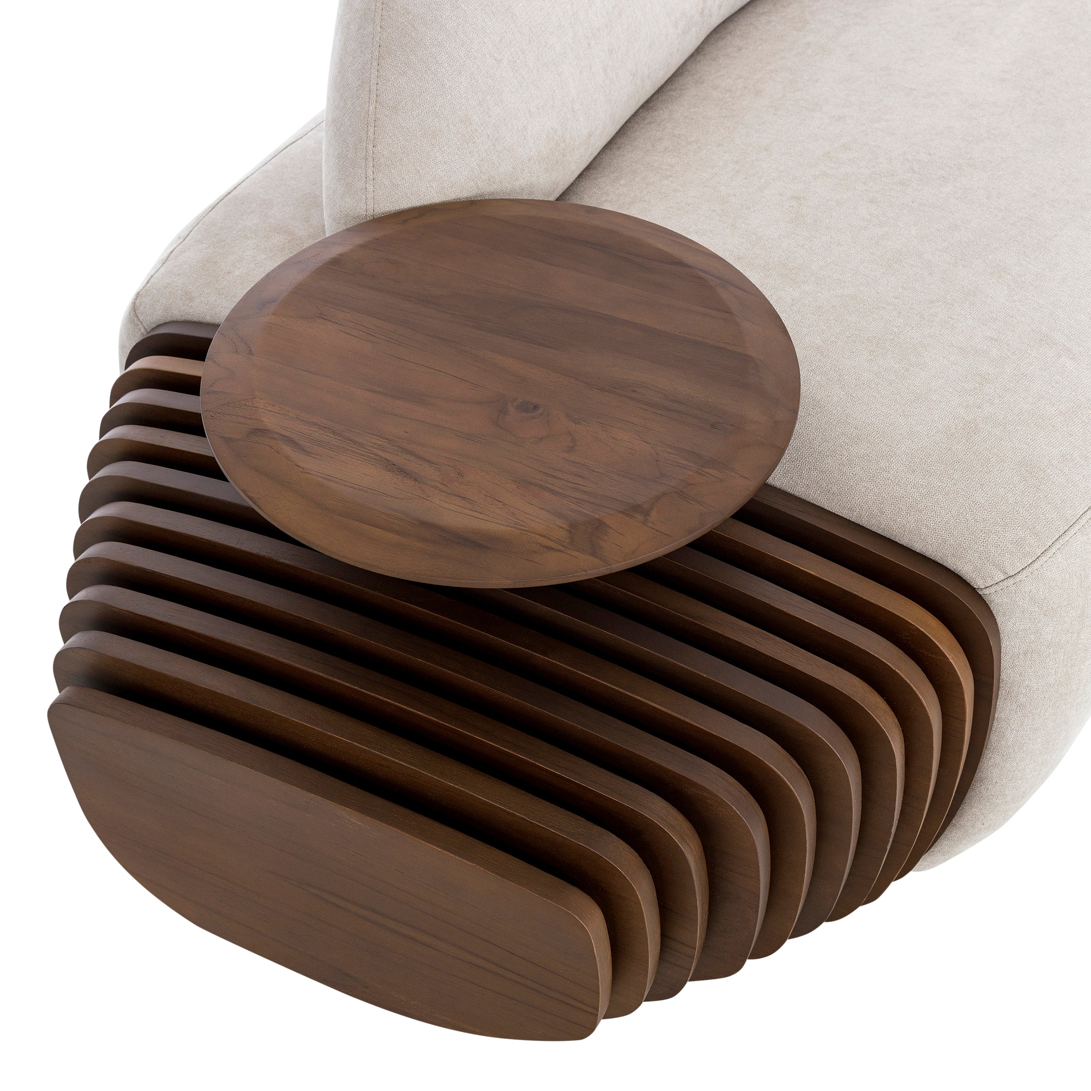 RUY Sofa Curved in Walnut and Beige Fabric 97" Right Side
