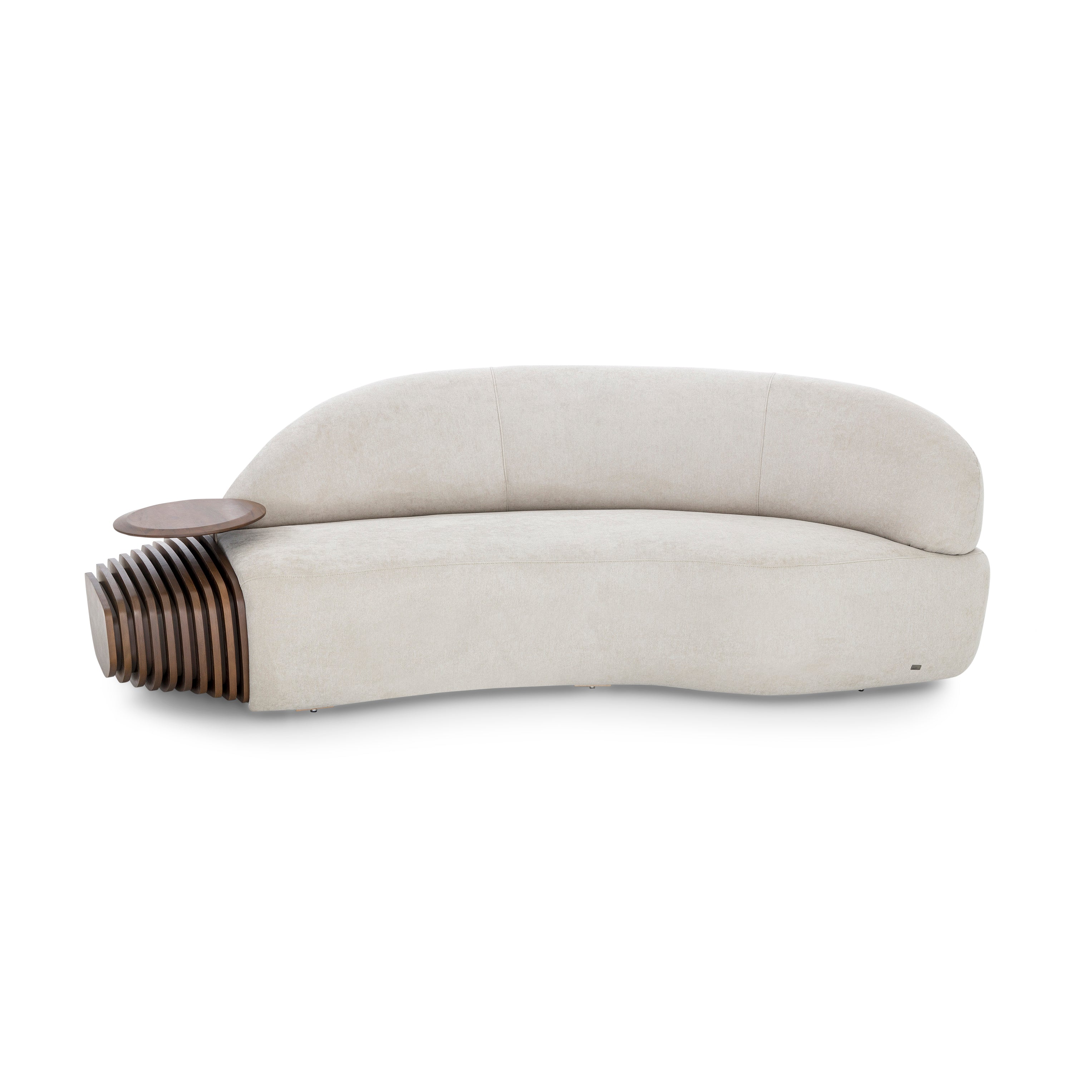 RUY Sofa Curved in Walnut and Beige Fabric 97" Right Side