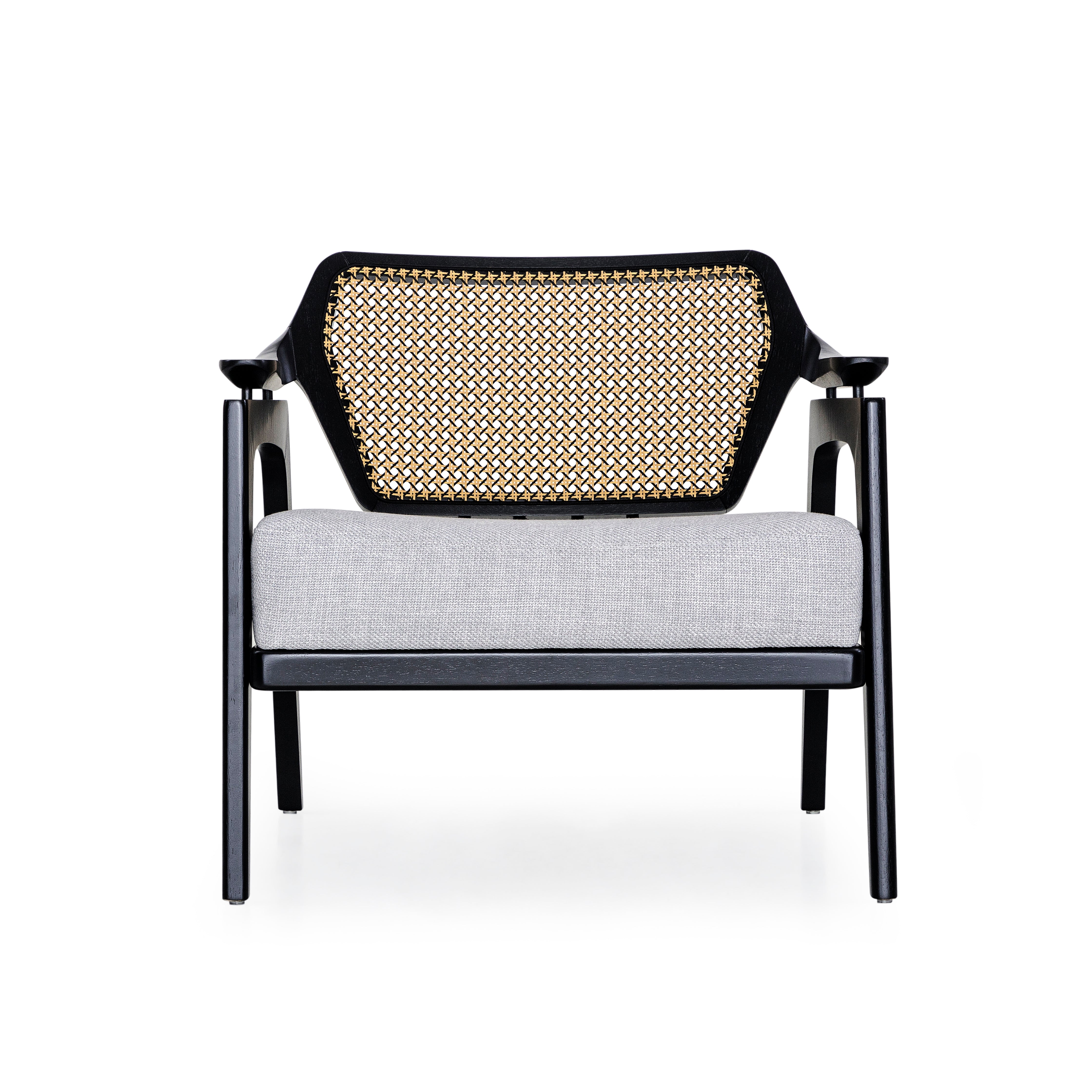 VANNO Armchair in Black Finish, Light Gray fabric and Mixed Dark cane