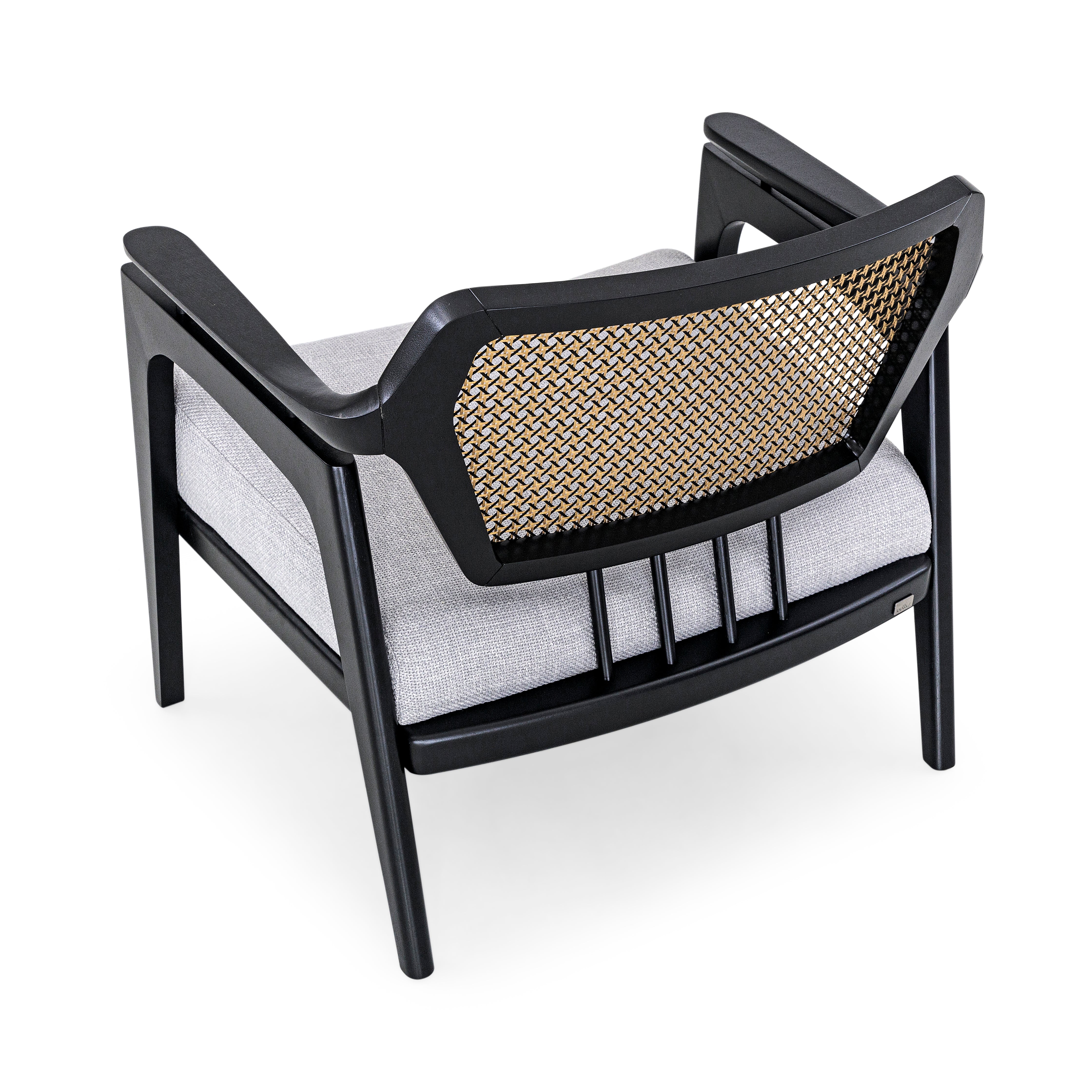 VANNO Armchair in Black Finish, Light Gray fabric and Mixed Dark cane