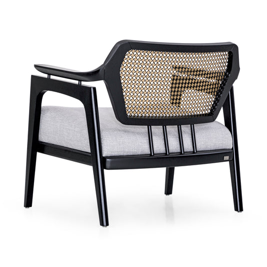 VANNO Armchair in Black Finish, Light Gray fabric and Mixed Dark cane