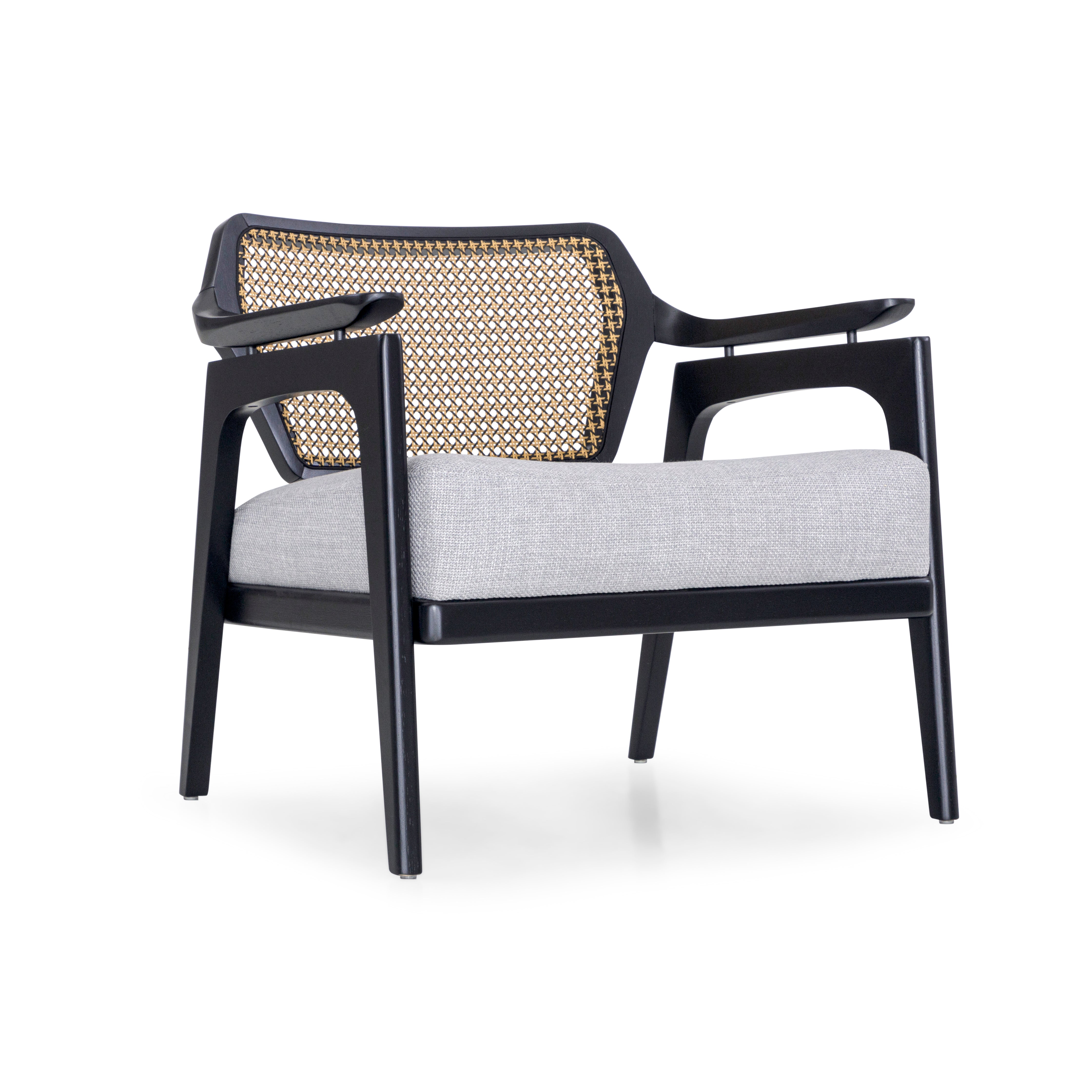 VANNO Armchair in Black Finish, Light Gray fabric and Mixed Dark cane