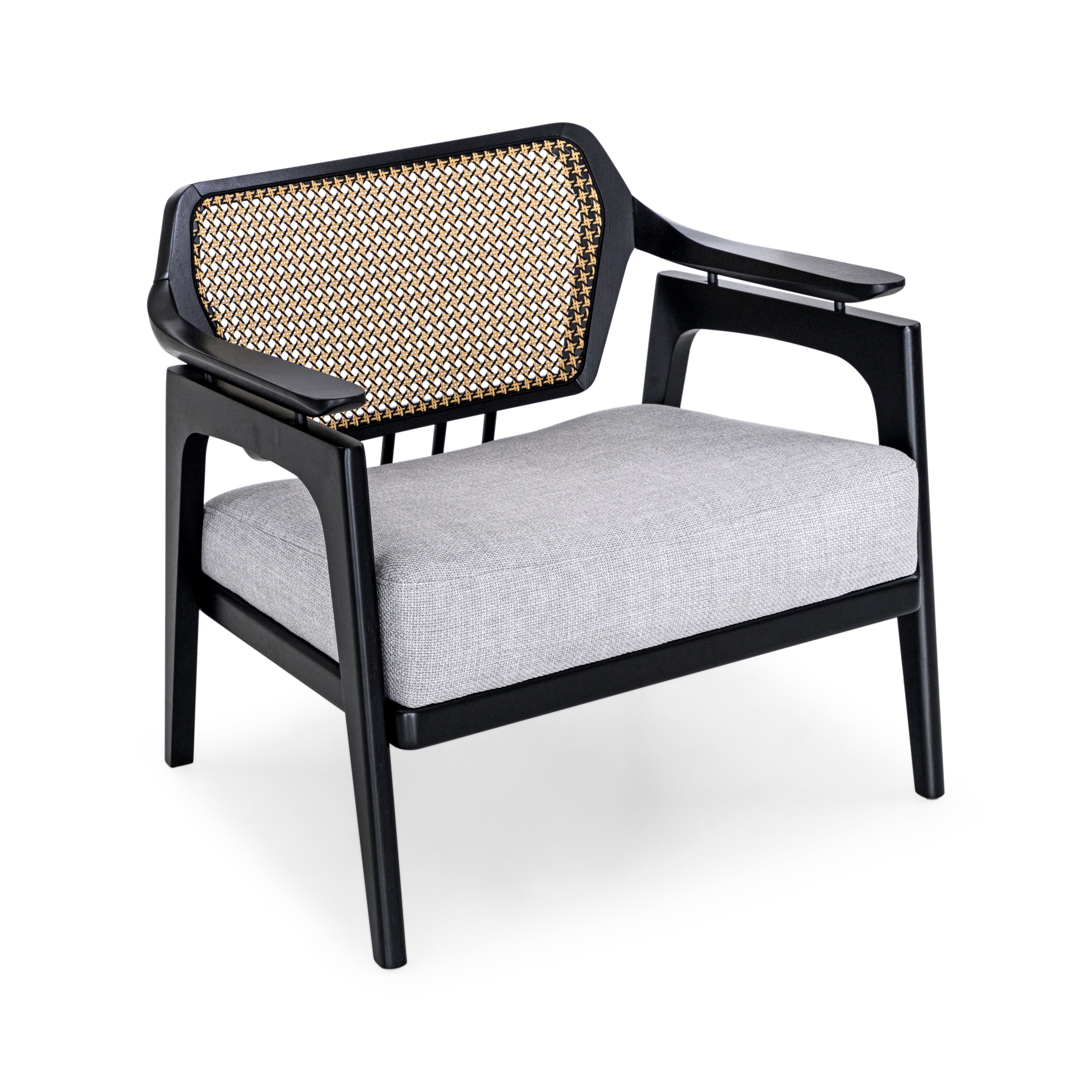 VANNO Armchair in Black Finish, Light Gray fabric and Mixed Dark cane