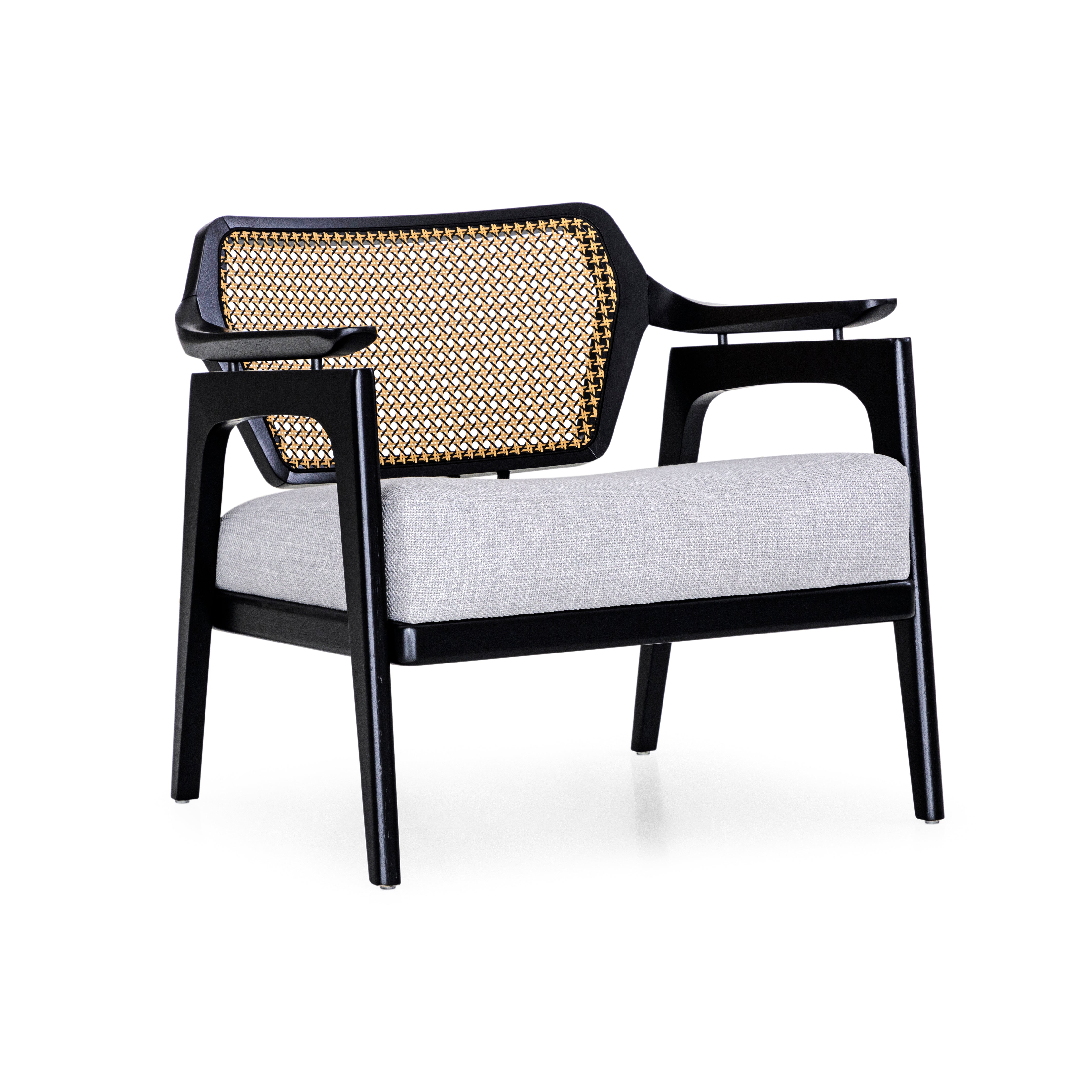 VANNO Armchair in Black Finish, Light Gray fabric and Mixed Dark cane