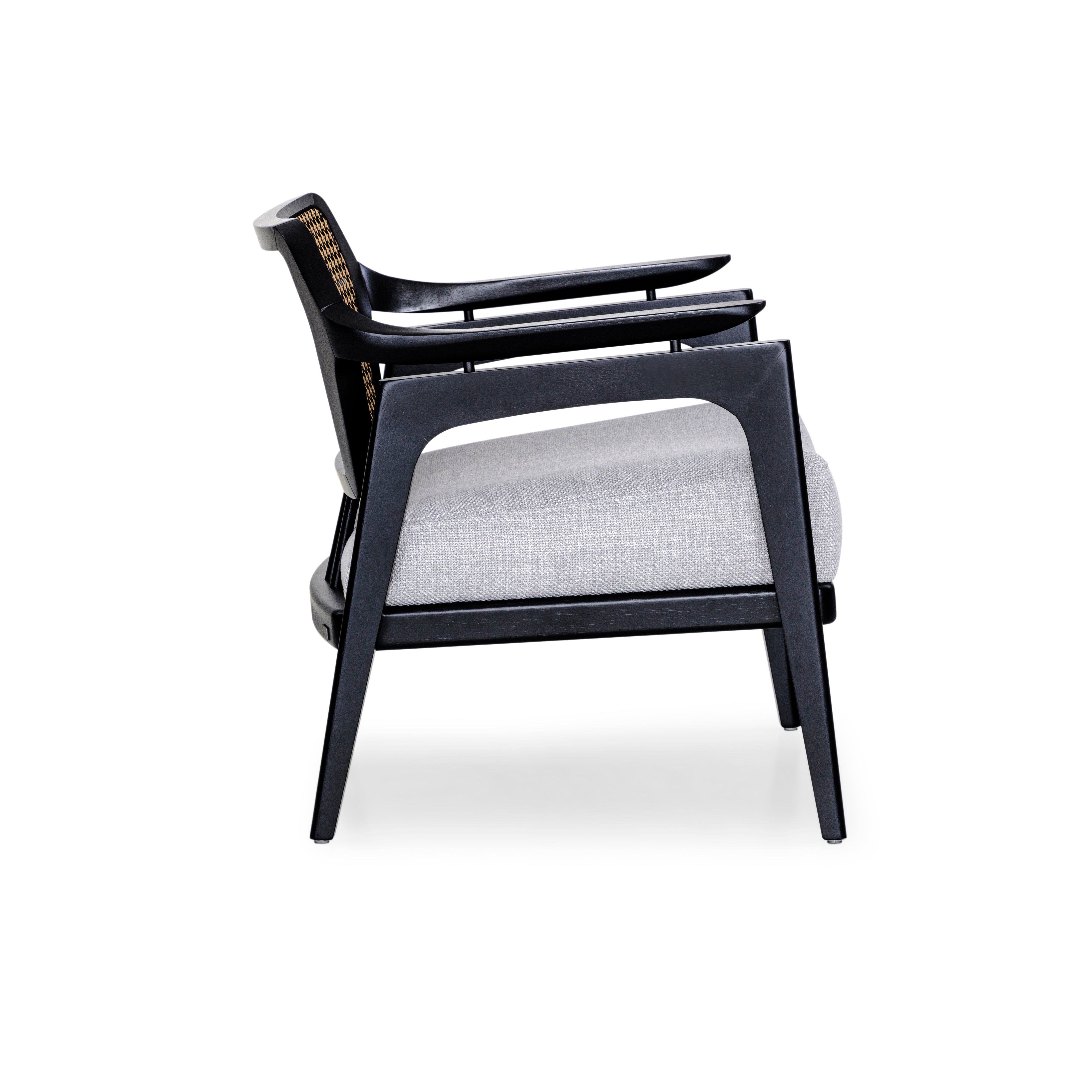 VANNO Armchair in Black Finish, Light Gray fabric and Mixed Dark cane