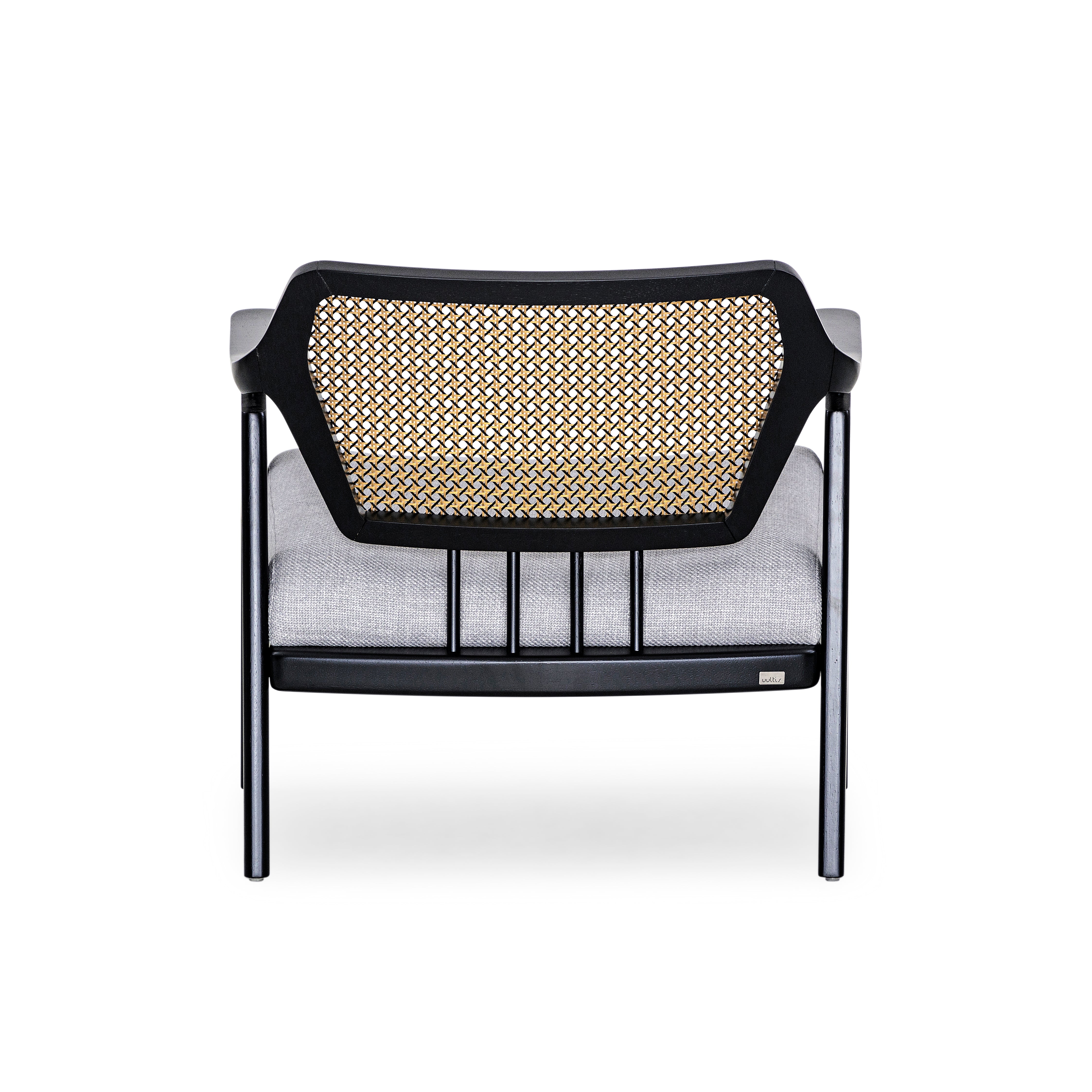 VANNO Armchair in Black Finish, Light Gray fabric and Mixed Dark cane