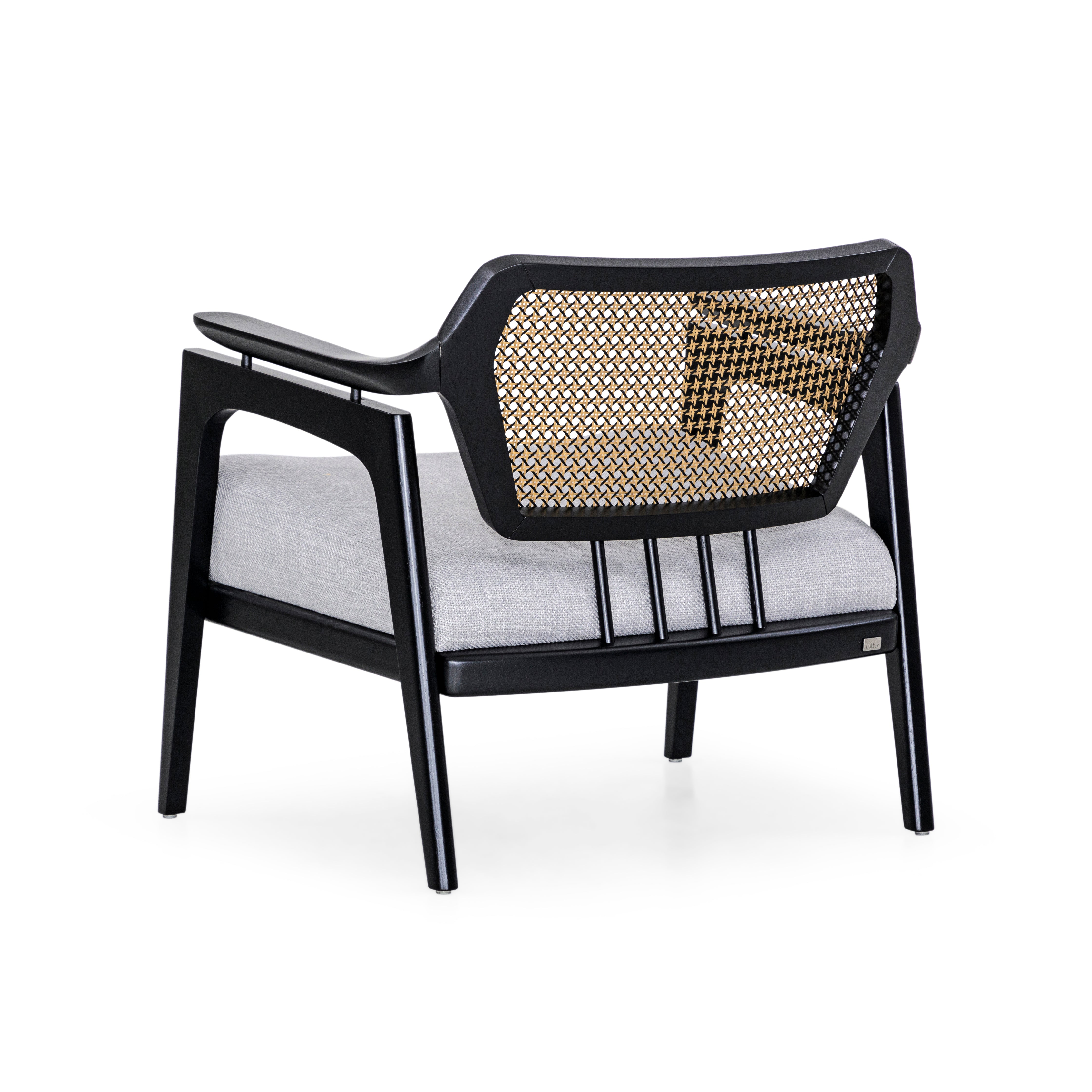 VANNO Armchair in Black Finish, Light Gray fabric and Mixed Dark cane