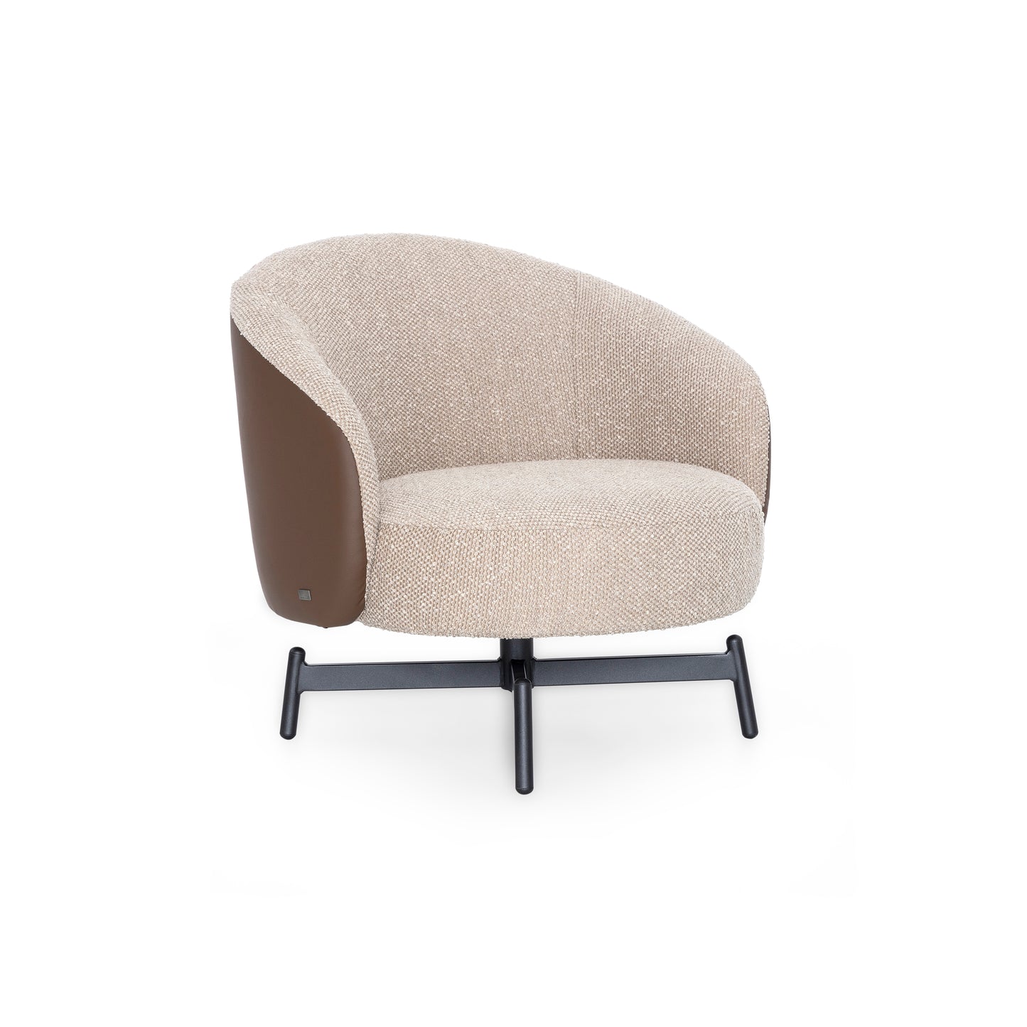 MULE Swivel Chair in Brown Faux leather and Beige Boucle Fabric