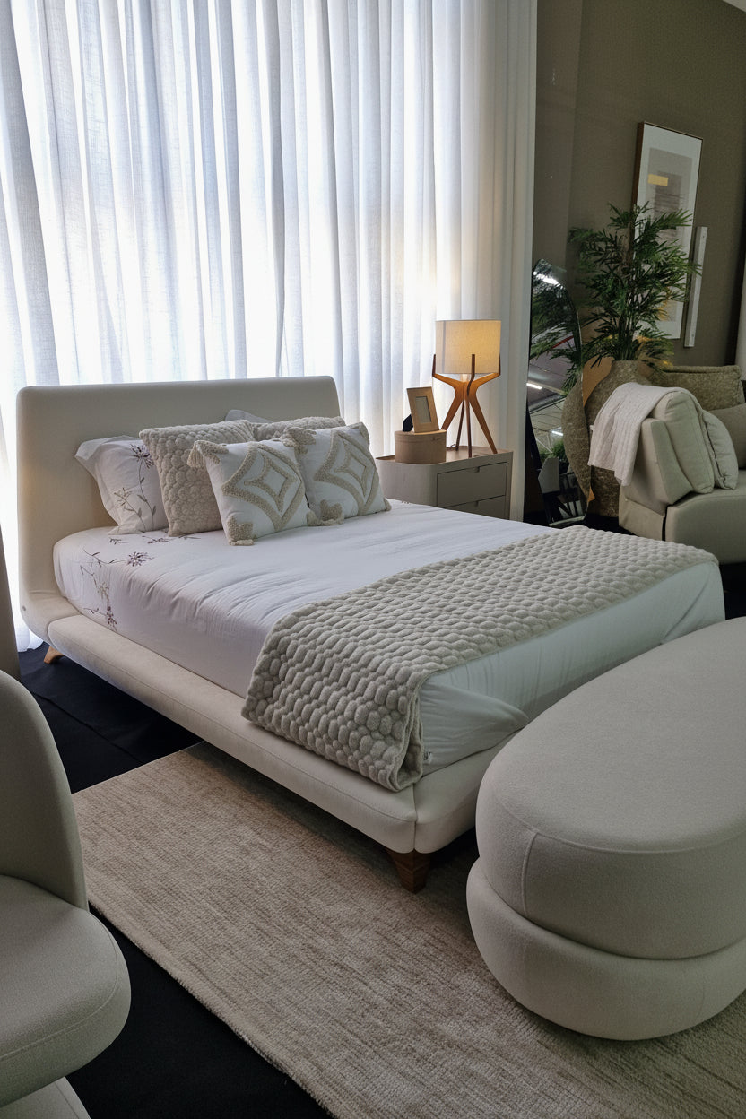 A modern upholstered bed in a softly lit bedroom, styled with white bedding, patterned pillows, a textured beige throw blanket, a matching rug, and a round ottoman.