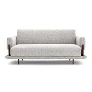A modern three-seater sofa with a light gray textured fabric upholstery and dark brown wooden legs, shown against a plain white background.