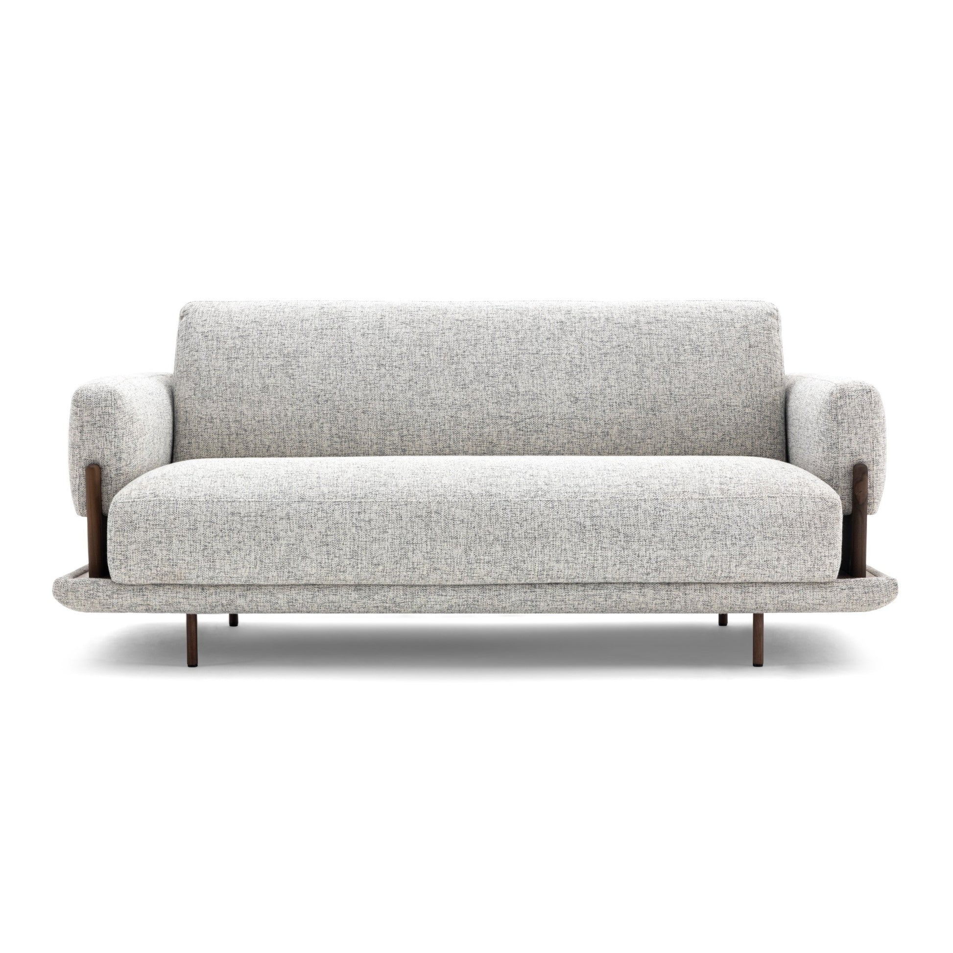 A modern three-seater sofa with a light gray textured fabric upholstery and dark brown wooden legs, shown against a plain white background.