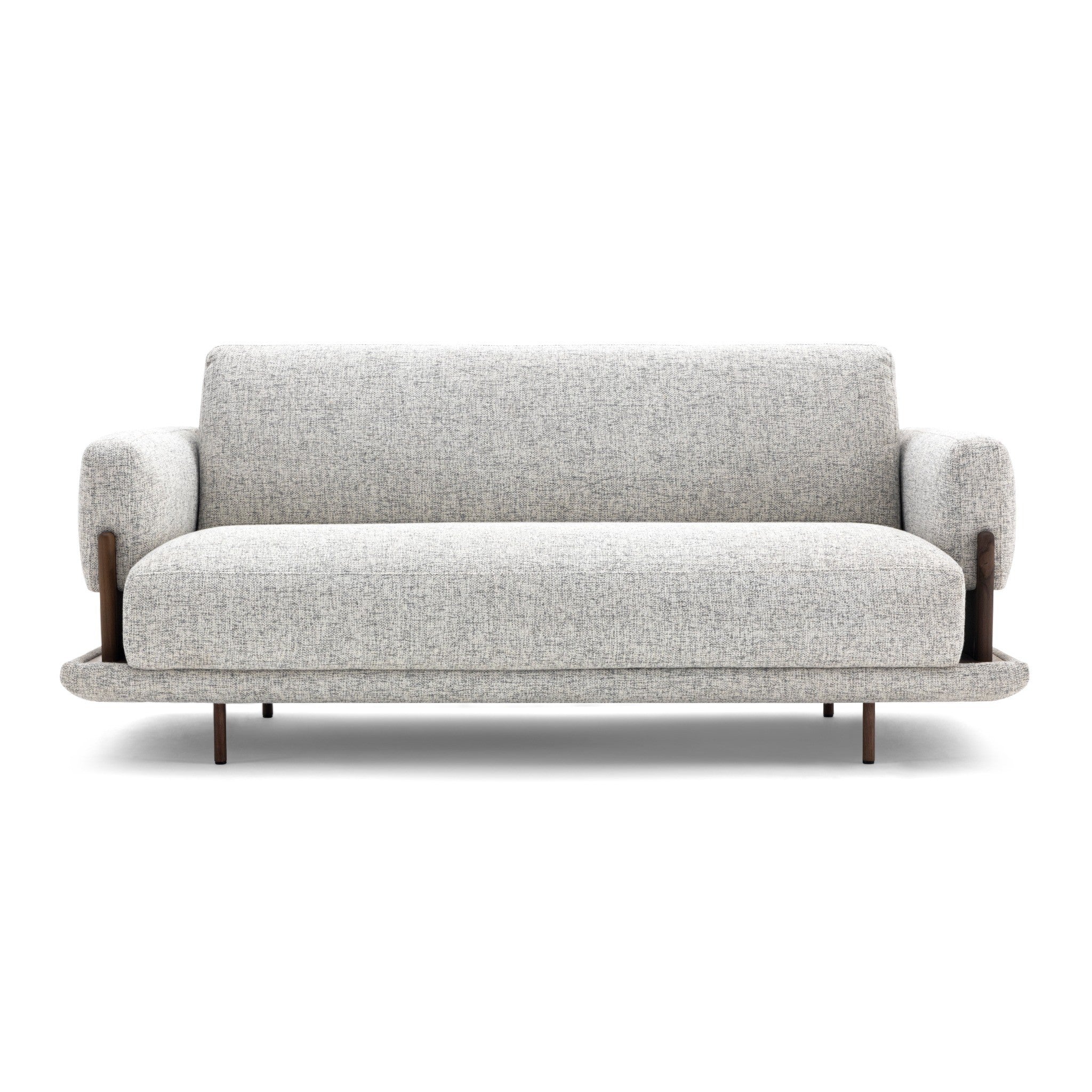 A modern three-seater sofa with a light gray textured fabric upholstery and dark brown wooden legs, shown against a plain white background.