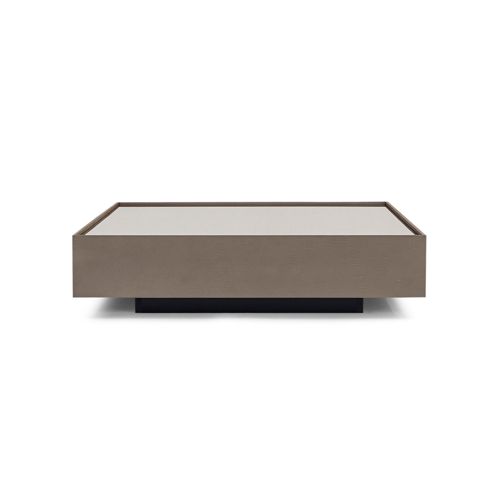 Rectangular coffee table with a beige top and black base on a white background