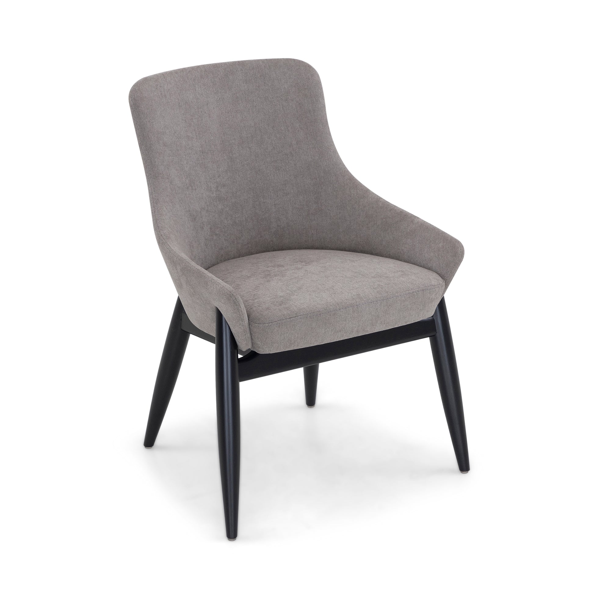 Gray upholstered chair with black legs on a white background