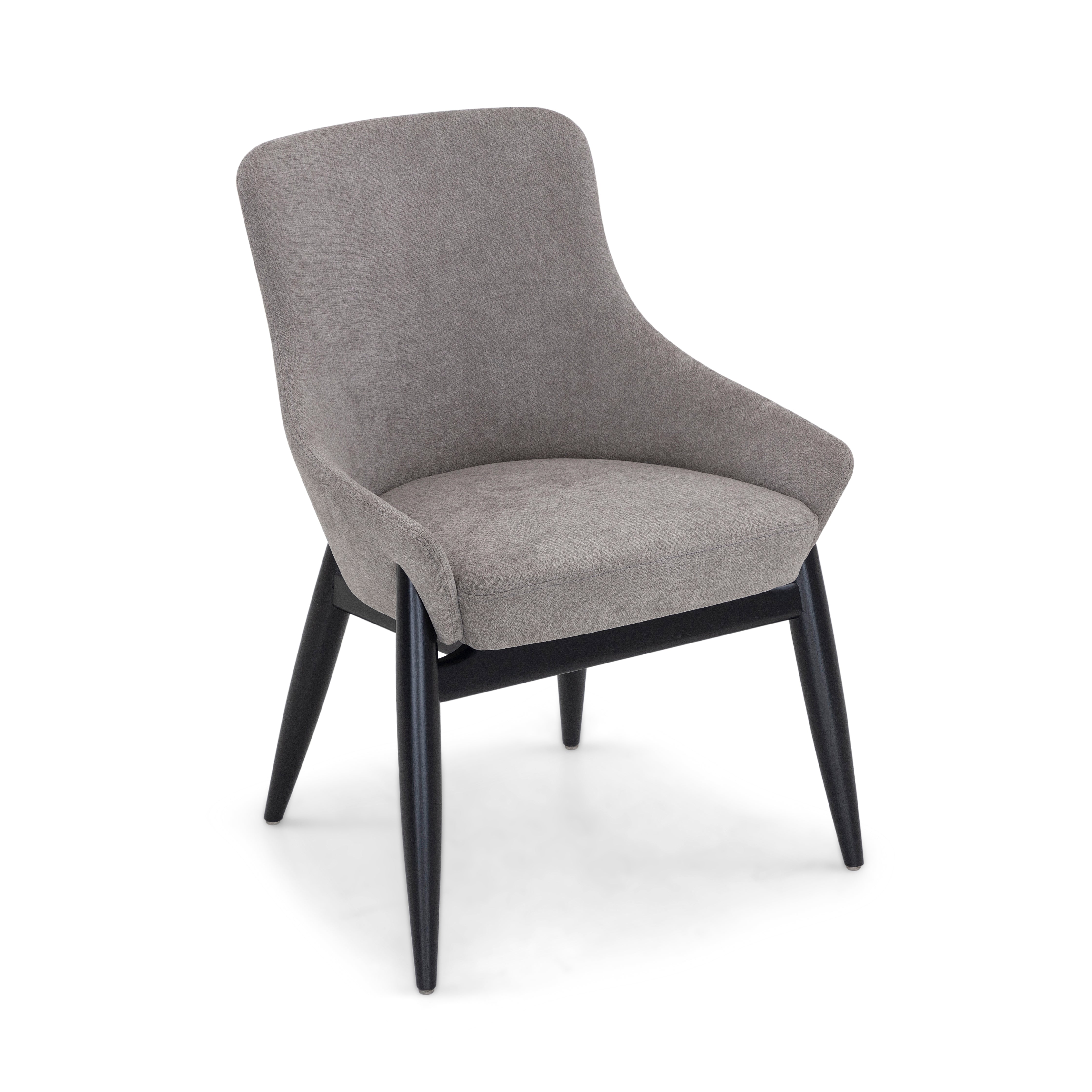 Gray upholstered chair with black legs on a white background