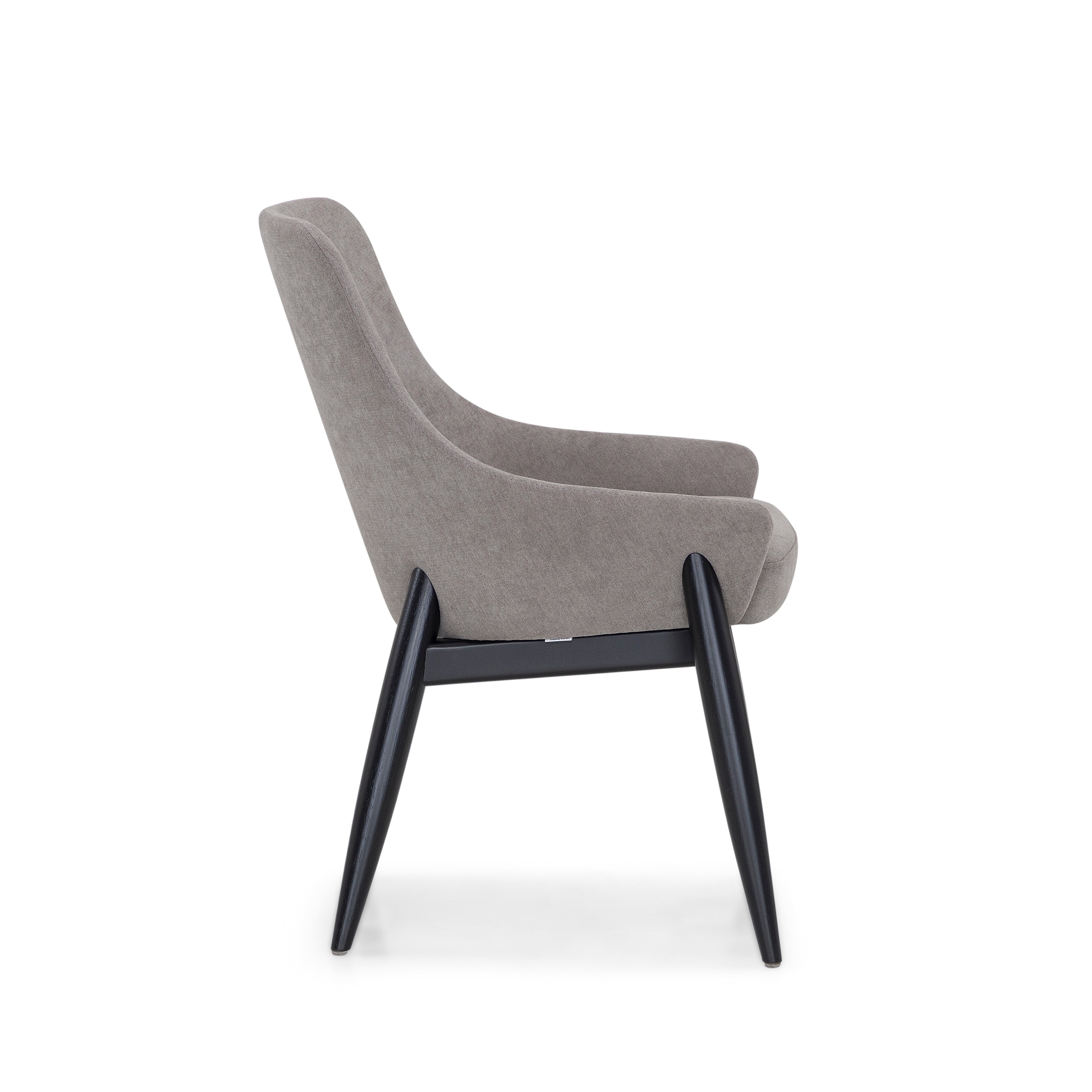 Gray upholstered chair with black legs on a white background