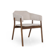 A walnut brown dining chair with beige upholstered fabric seat and backrest, featuring a modern design with wooden frame and supportive armrests.