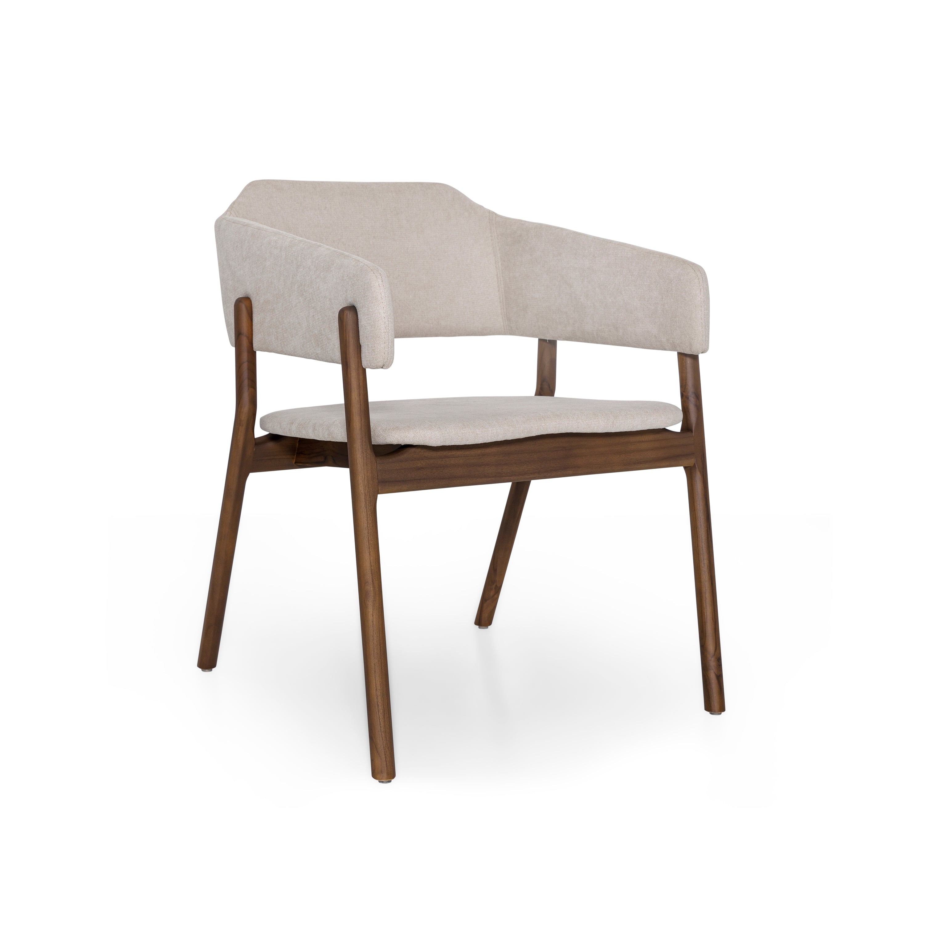 A walnut brown dining chair with beige upholstered fabric seat and backrest, featuring a modern design with wooden frame and supportive armrests.