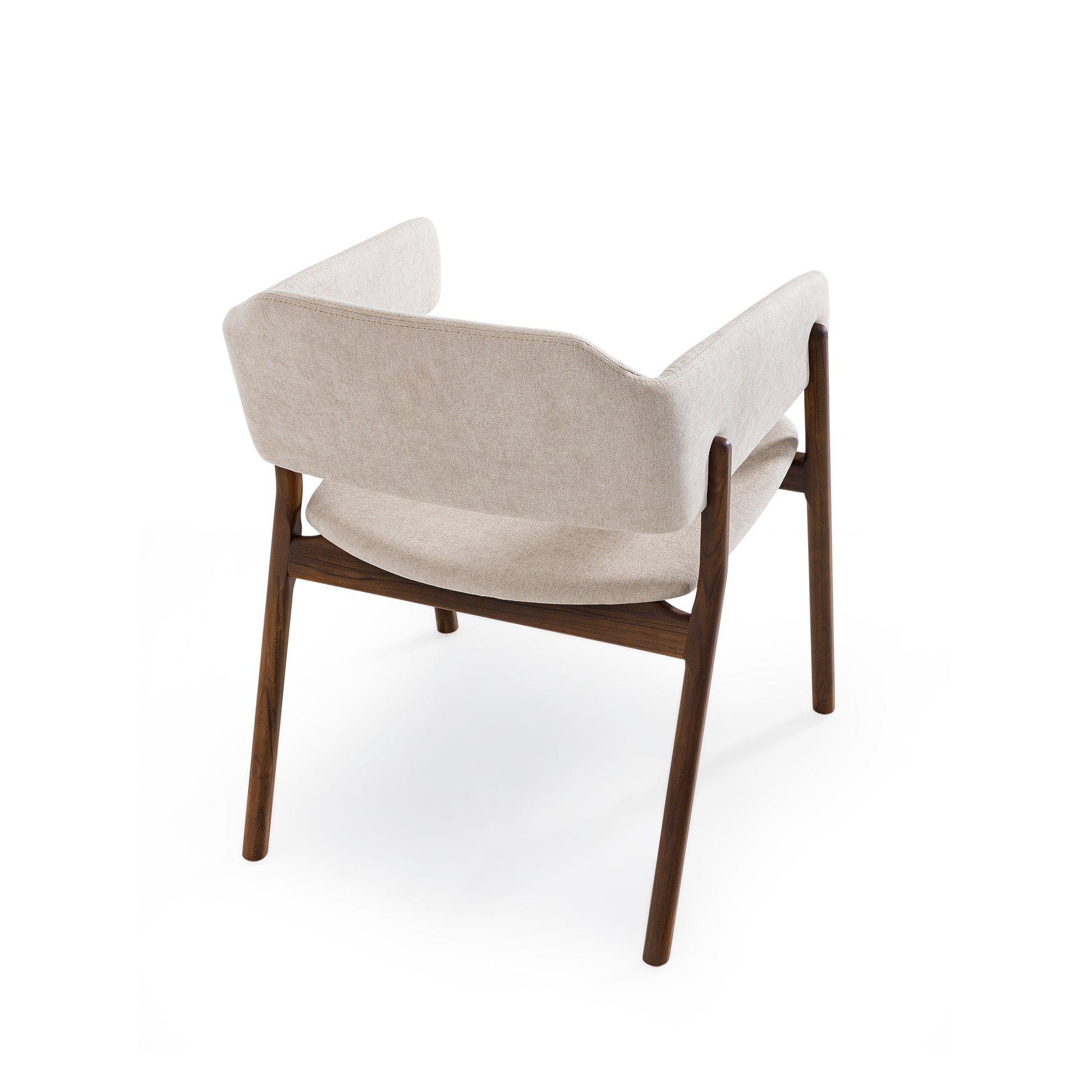 Modern chair with wooden frame and light gray cushion on a white background