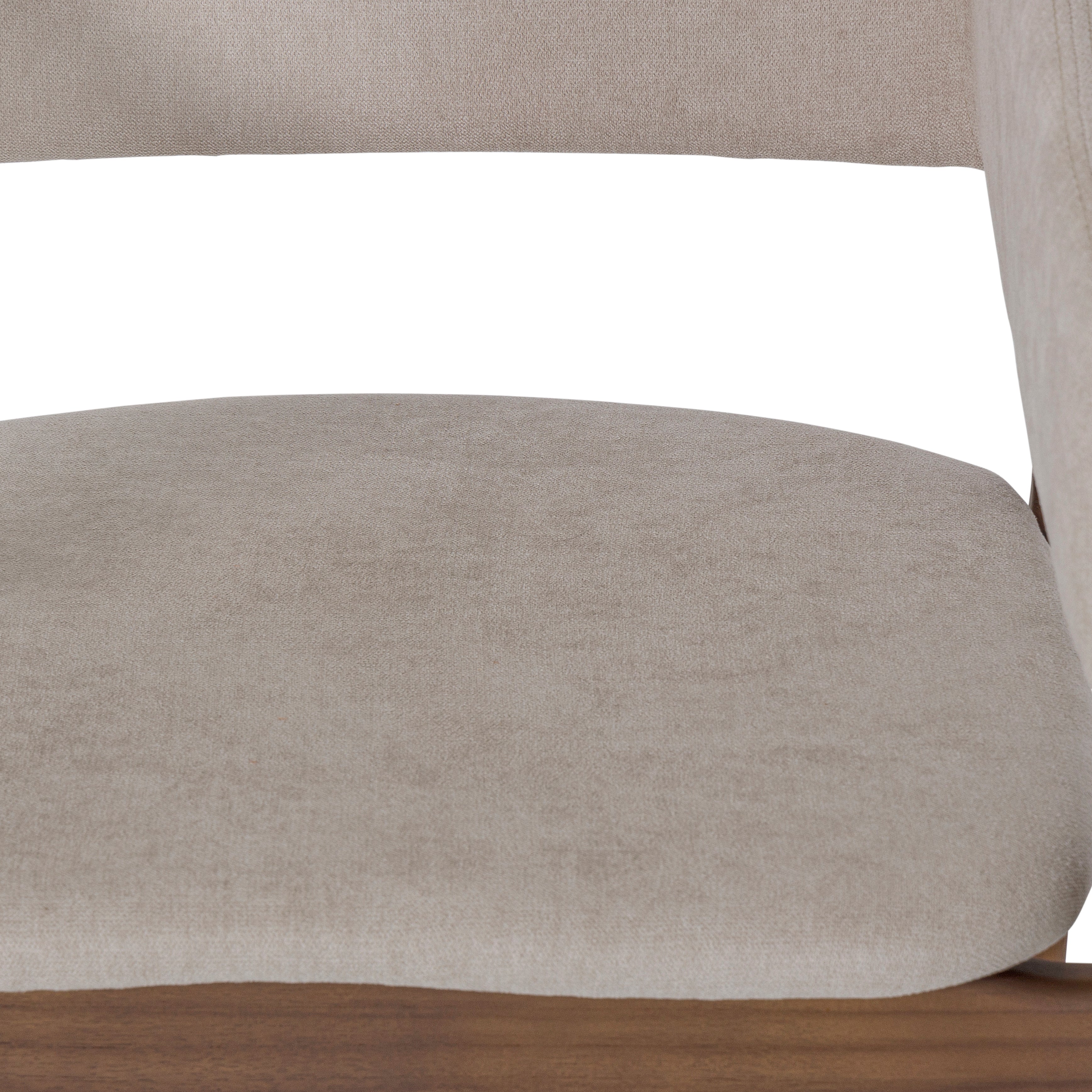 Close-up of a beige upholstered chair with a wooden base on a white background