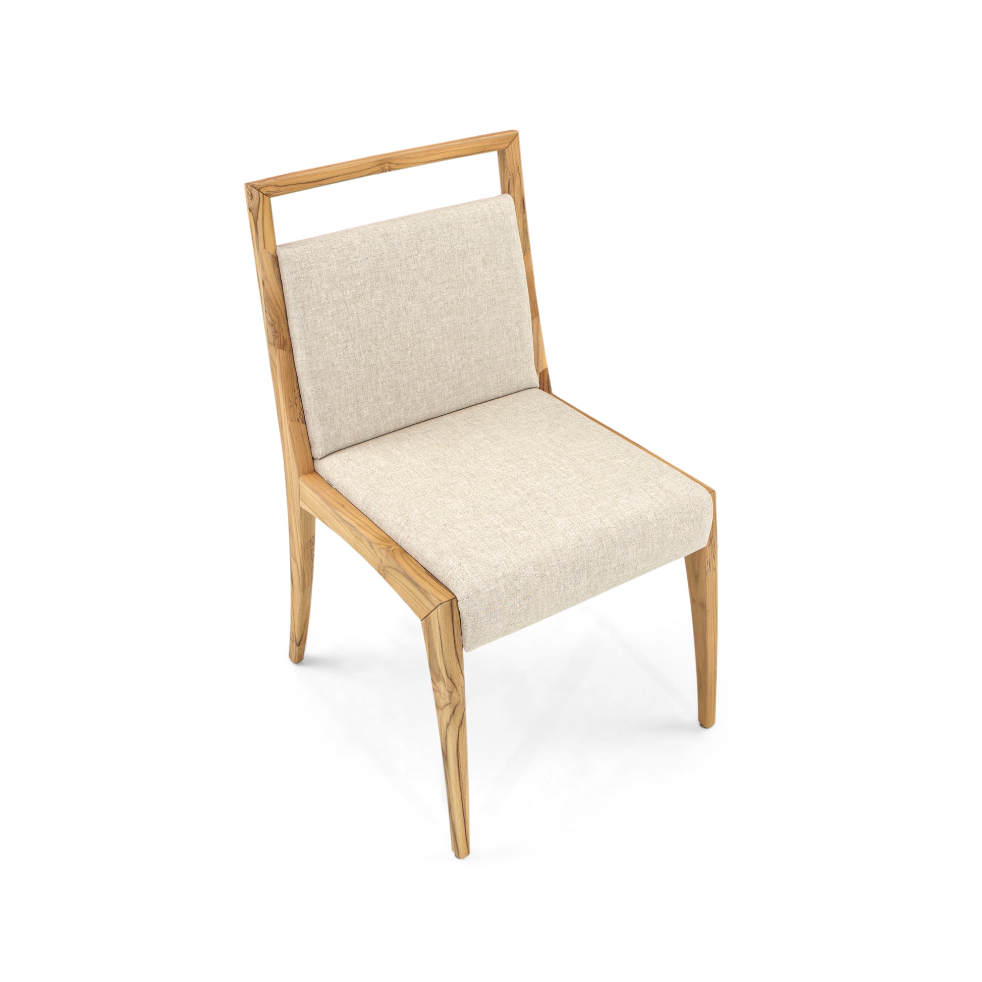 Chair with wooden frame and beige cushion on a white background