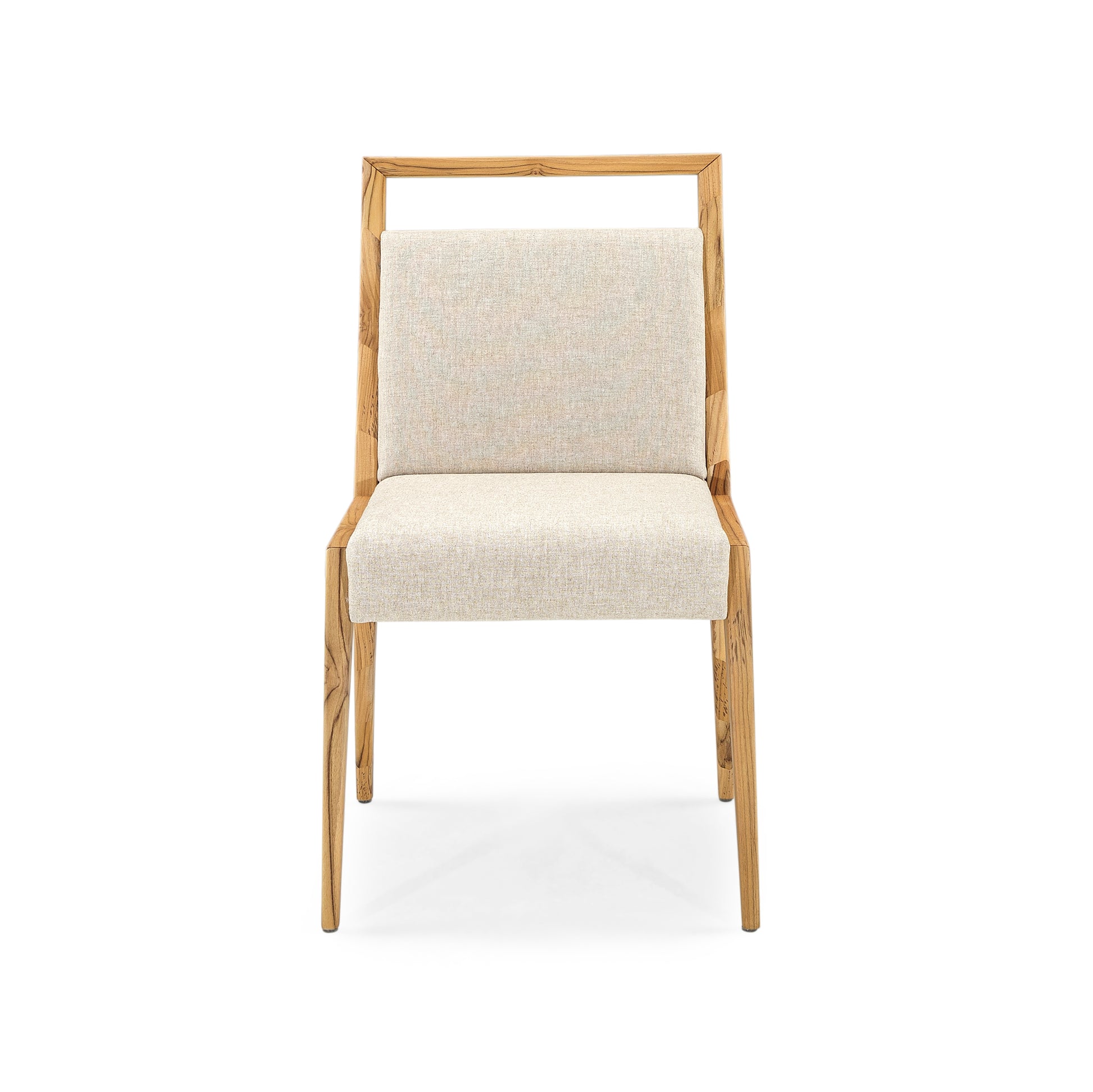 Chair with wooden frame and beige cushion on a white background