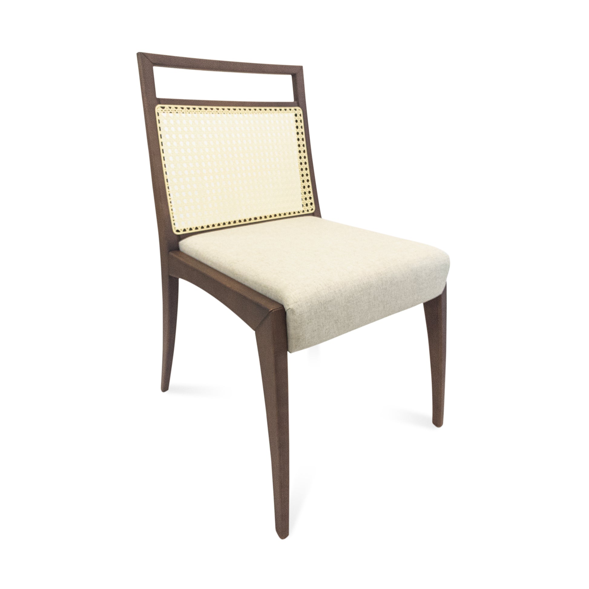 Chair with wooden frame and beige cushion on a white background