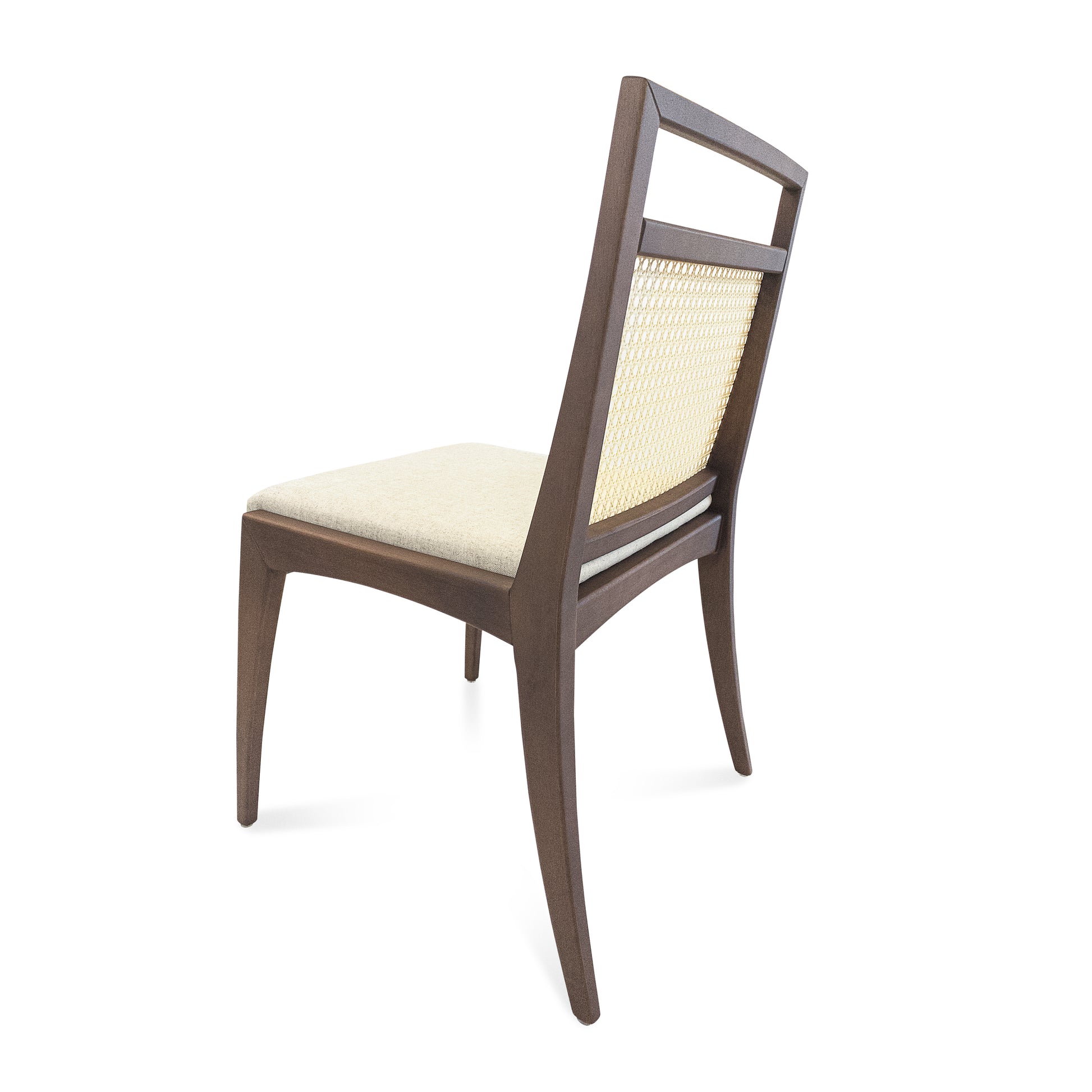 Wooden chair with a woven backrest on a white background