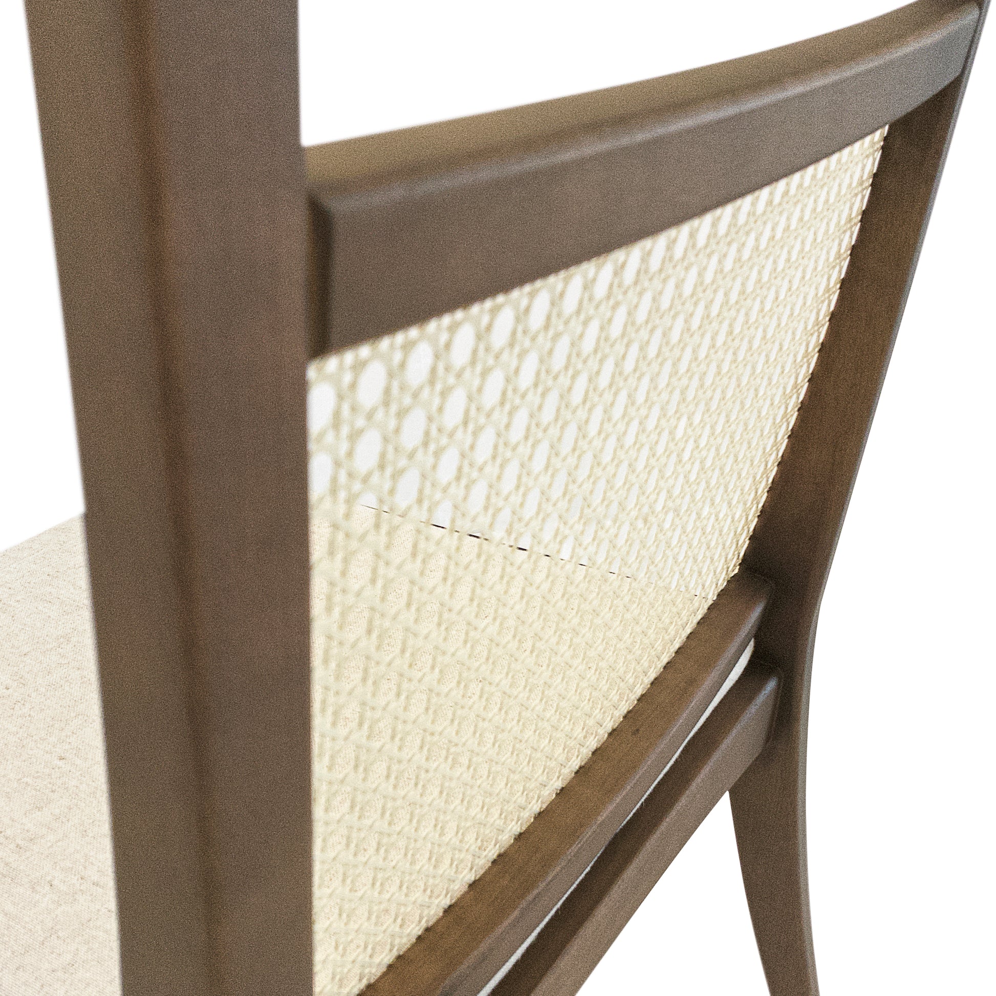 Close-up of a chair with woven backrest and wooden frame on a white background