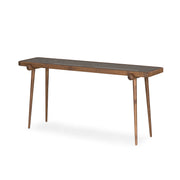 A rectangular walnut console table with walnut cane legs.