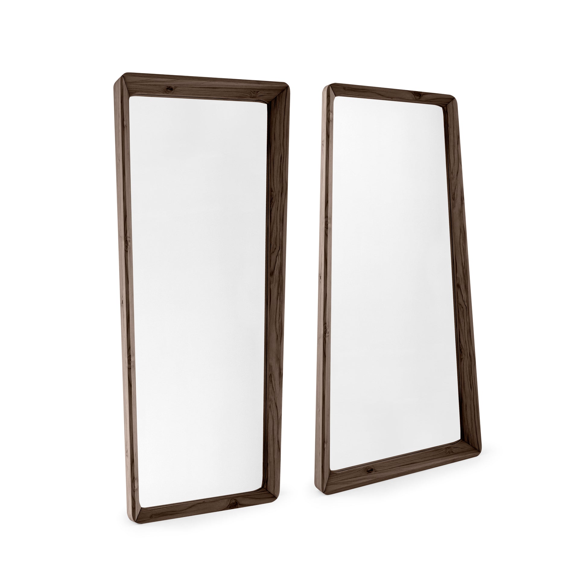 Two rectangular mirrors with wooden frames on a white background