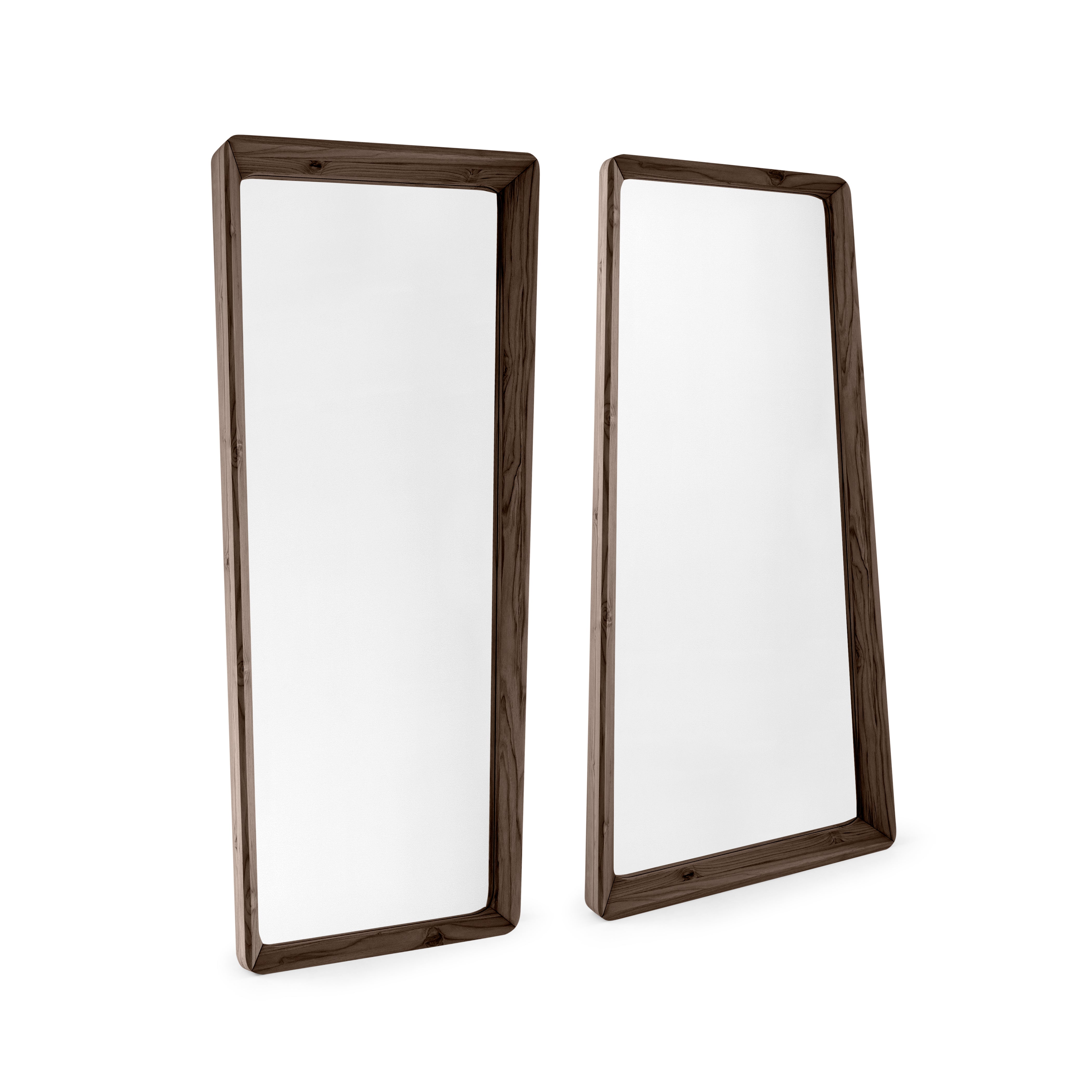 Two rectangular mirrors with wooden frames on a white background