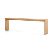 A rectangular teak wood console table with a simple, sleek design.