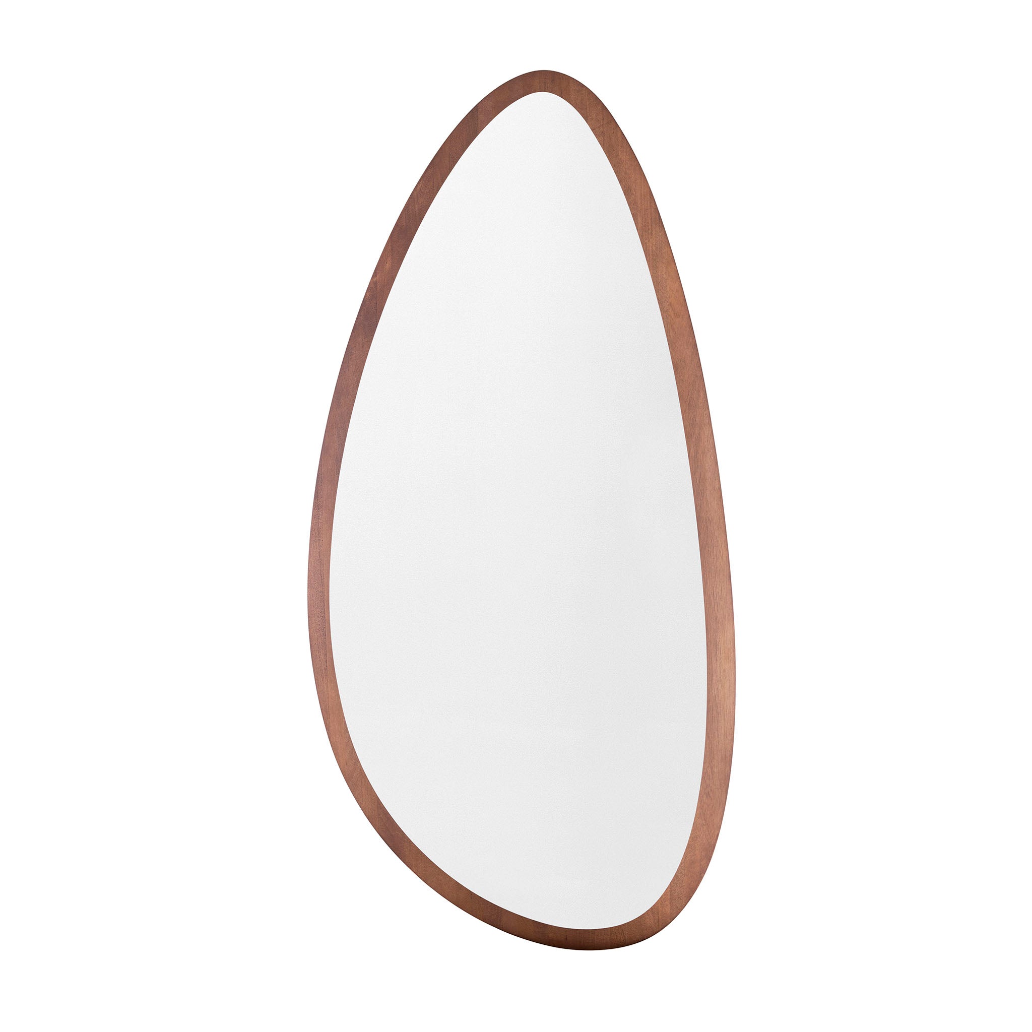 An oval-shaped mirror with a walnut frame.