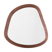 An oval mirror with a walnut brown frame