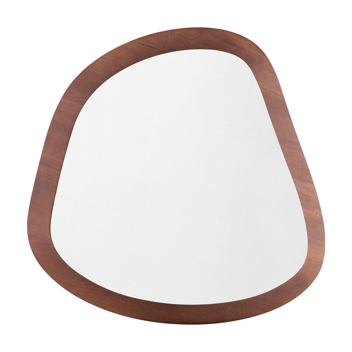 An oval mirror with a walnut brown frame