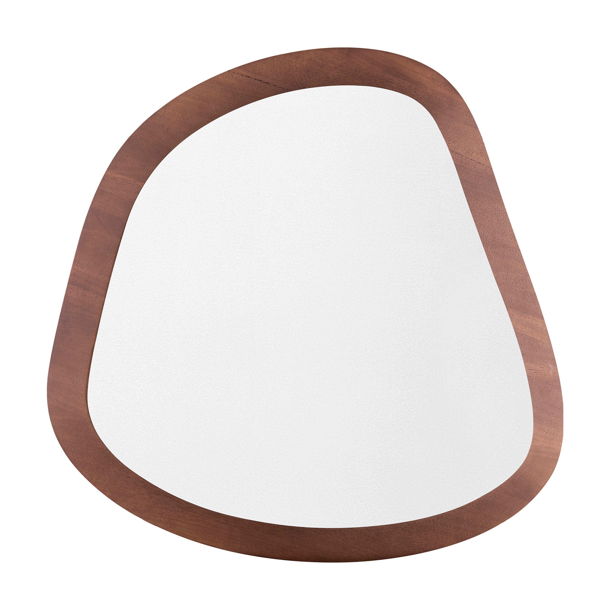 An oval mirror with a walnut brown frame
