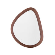 A round walnut frame mirror with a white reflective surface