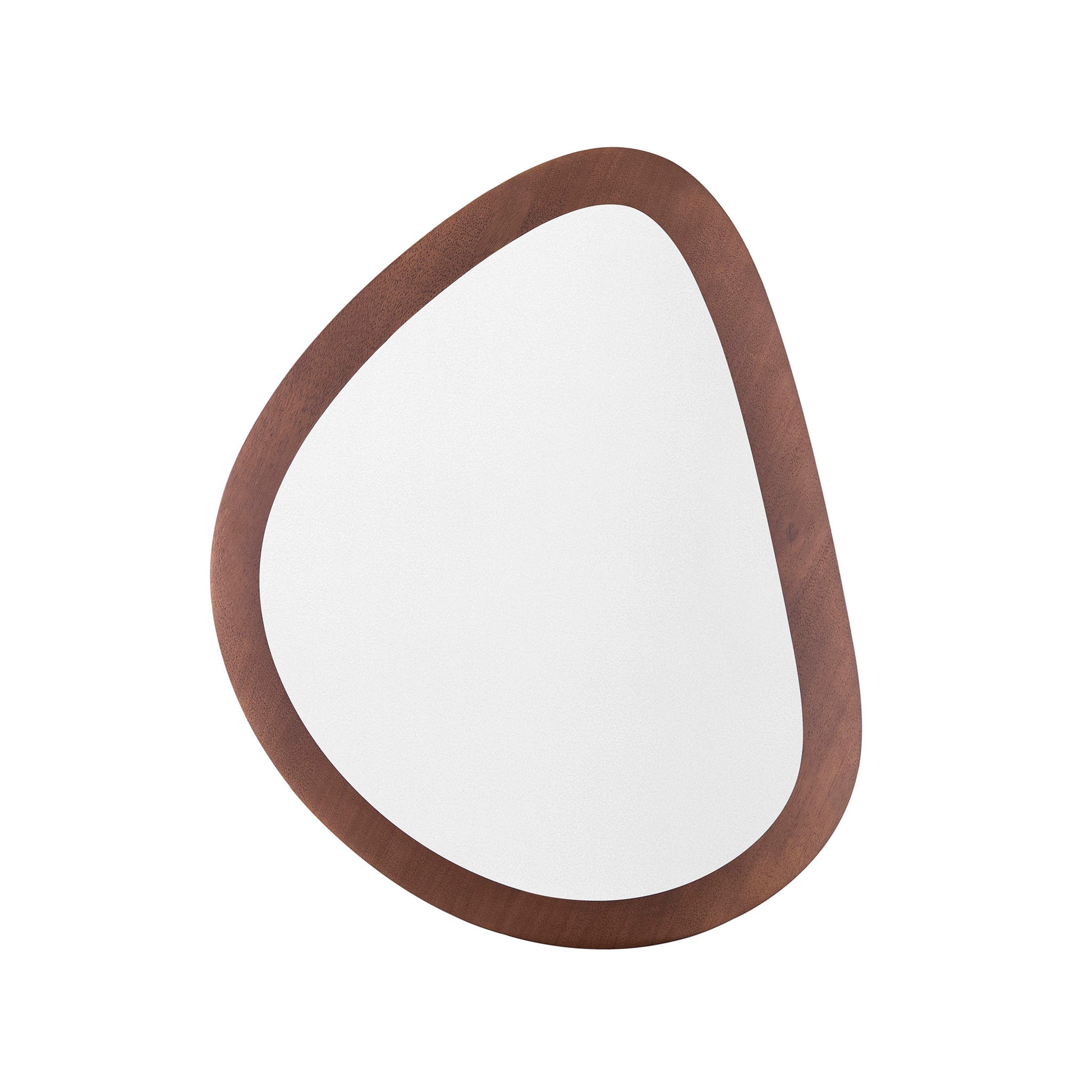 A round walnut frame mirror with a white reflective surface