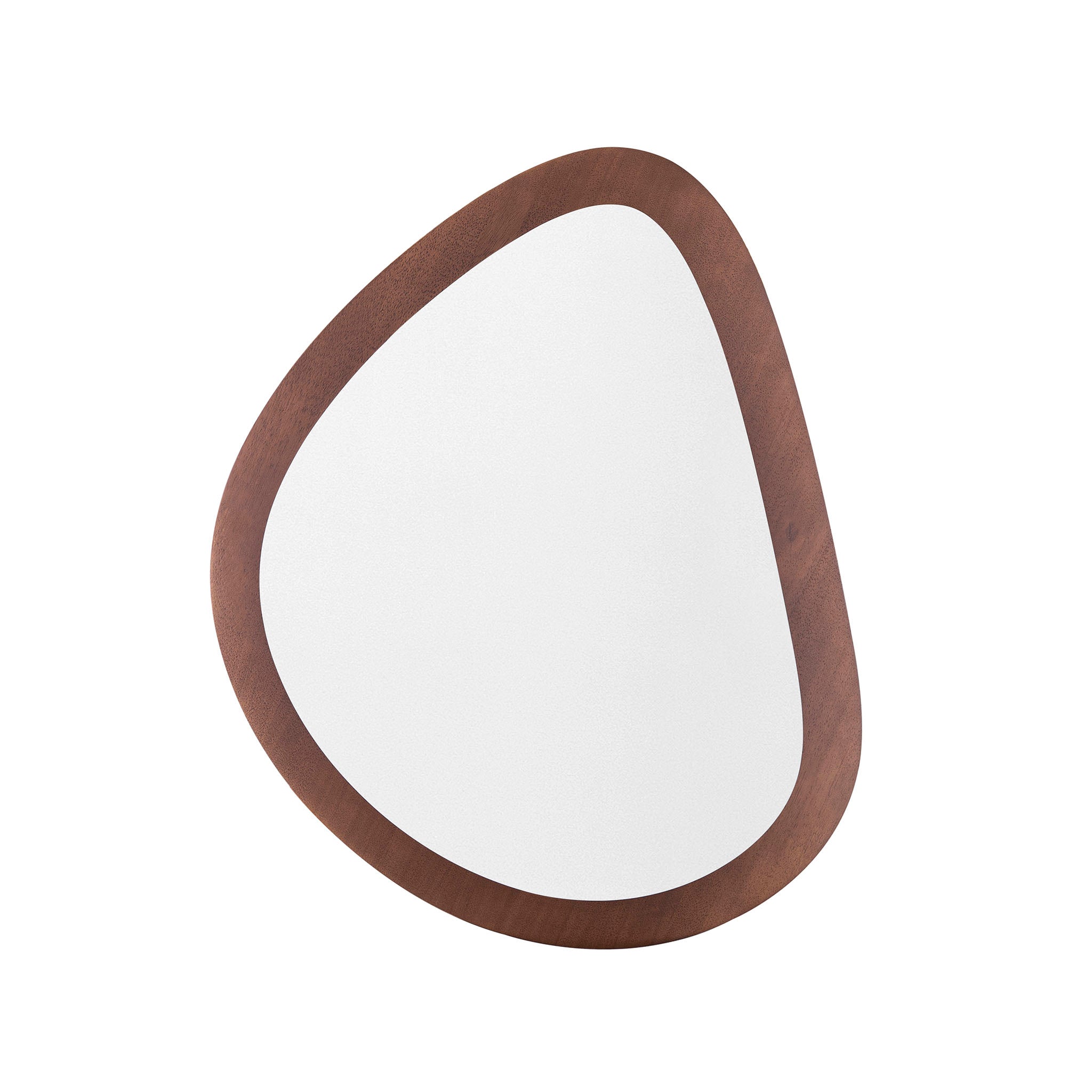 A round walnut frame mirror with a white reflective surface