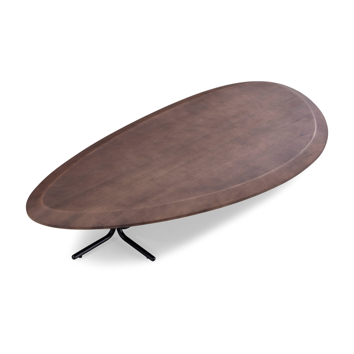 Oval-shaped walnut wood coffee table with a black metal base.